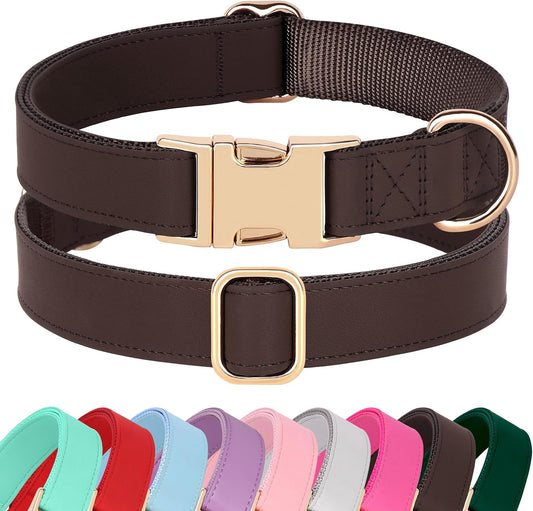 PET ARTIST PU Leather Dog Collar, Bright & Stylish Brown Dog Collar with Quick Release Gold Metal Buckle, Soft Nylon Padded Durable Pet Collars Adjustable for Large Dogs, Neck Fit 16-27"