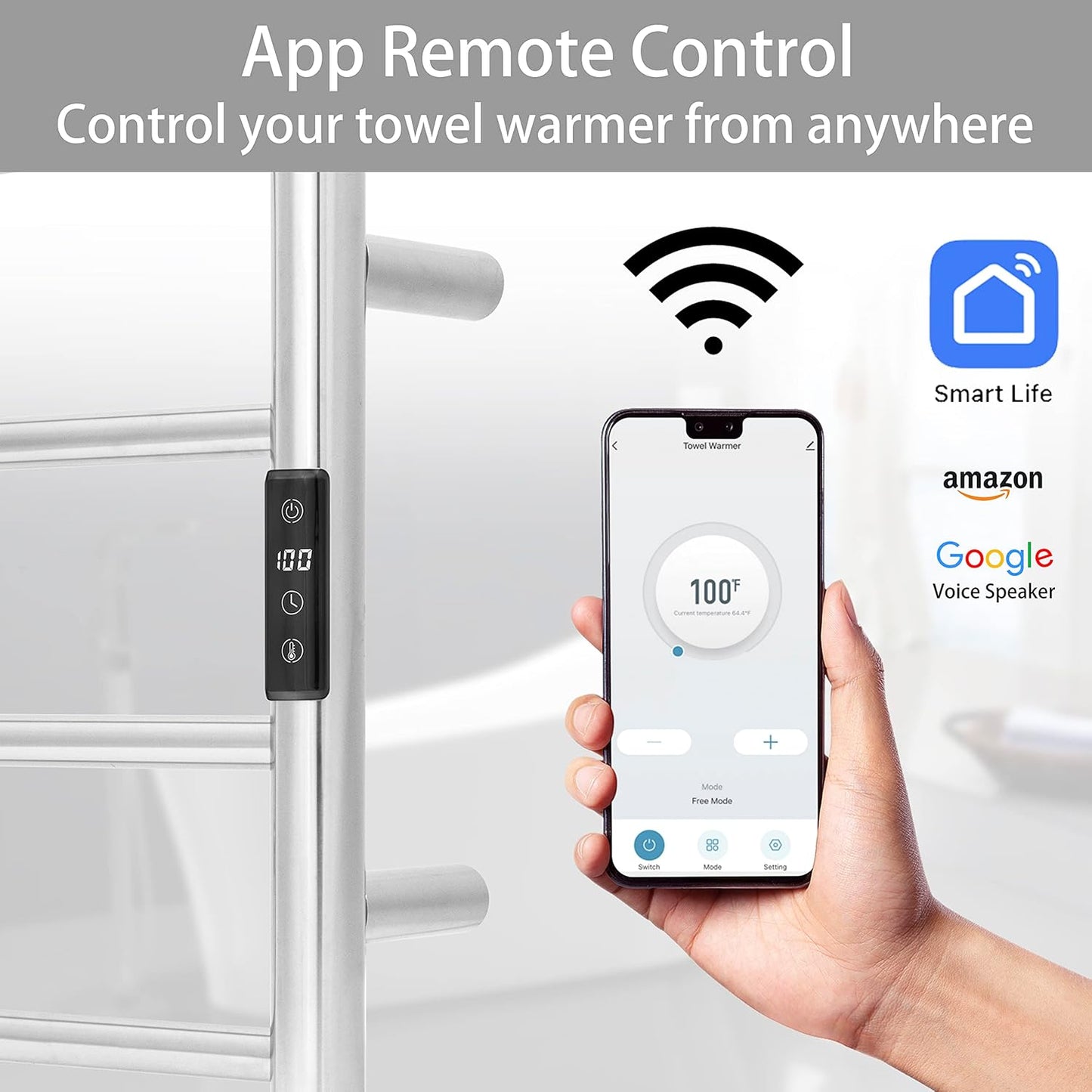 KEG Smart WiFi Towel Warmer Wall Mounted with Built-in Timer and Temperature Adjust Control, 4 Bars Electric Stainless Steel Heated Towel Racks for Bathroom Brushed Nickel