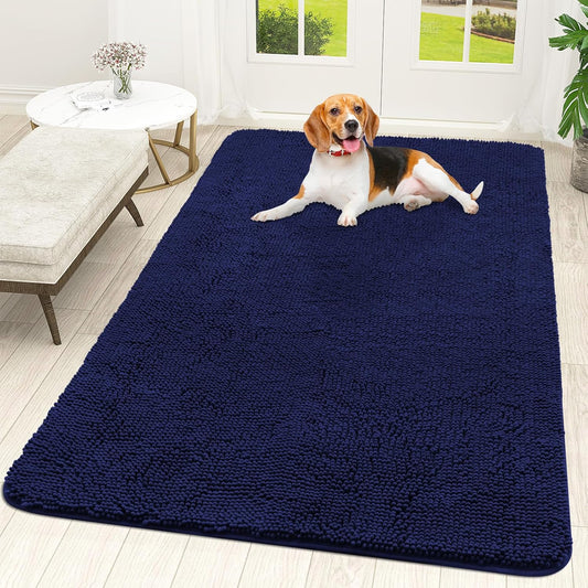 OLANLY Dog Door Mat for Muddy Paws 59x35, Absorbs Moisture and Dirt, Absorbent Non-Slip Washable Doormat, Quick Dry Chenille Mud Mat for Dogs, Entry Indoor Entryway Carpet for Inside Floor, Navy Blue