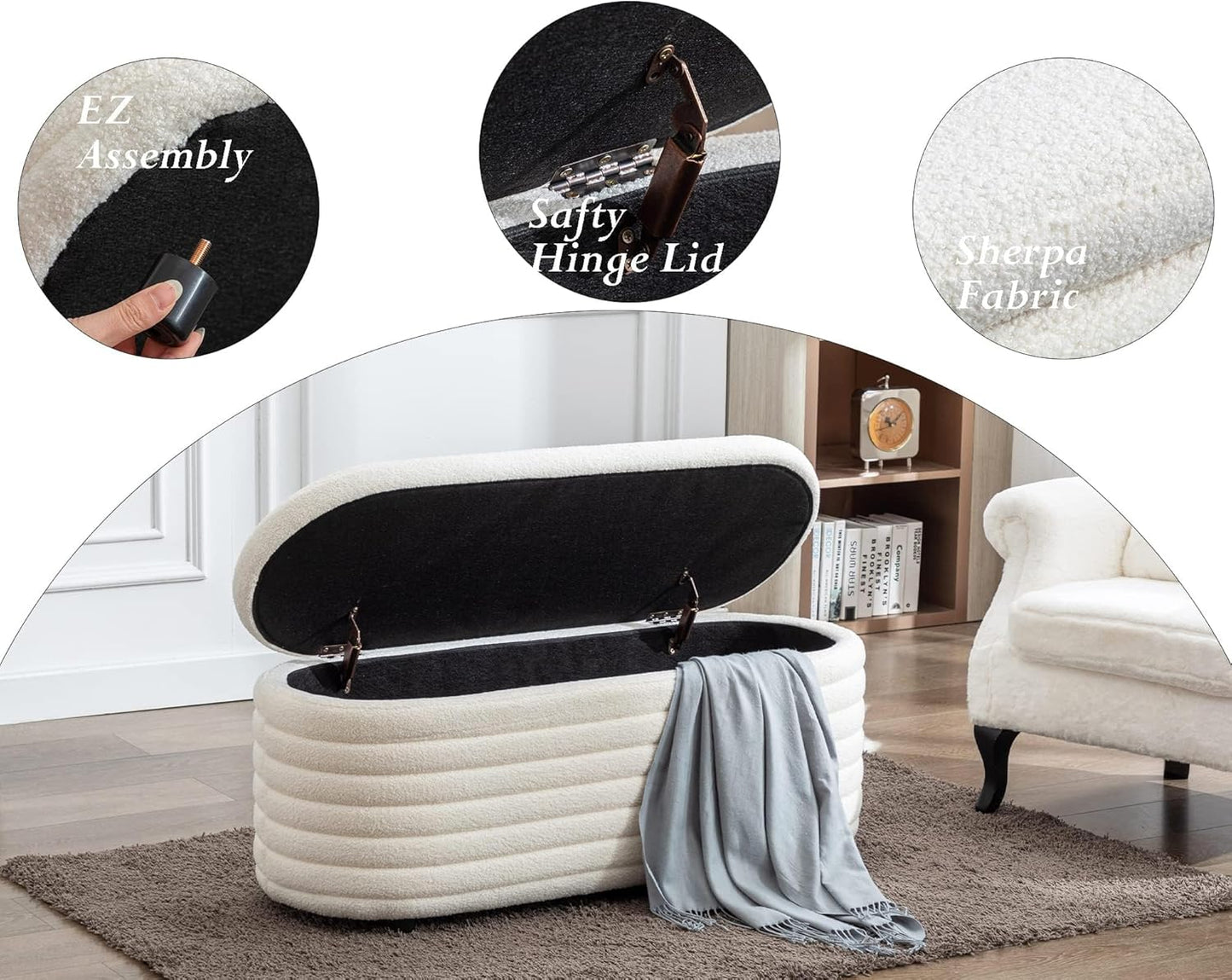 Storage Teddy Ottoman Bench Upholstered Fabric Storage Bench End of Bed Stool with Safety Hinge for Bedroom, Living Room, Entryway, Closet(44.5", White)