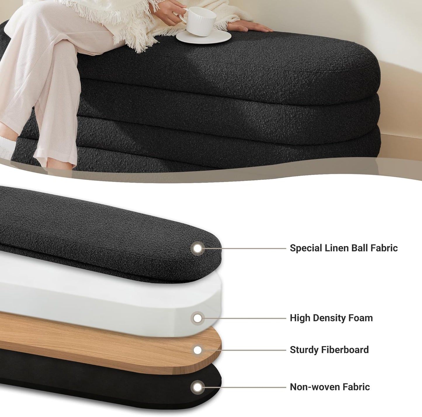 Storage Ottoman Bench 49.2 Inch Upholstered Fabric Storage Bench for Bedroom End of Bed Aesthetic Large Oval Ottoman for Living Room Entryway (Black)