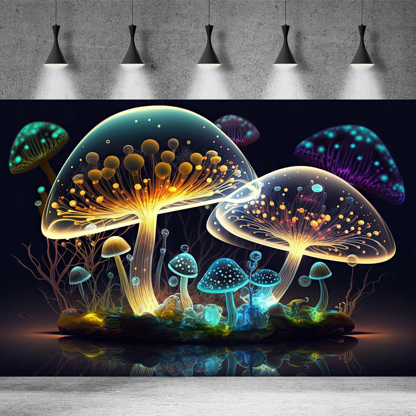 Mushroom Aquarium Background Abstract Glowing Fantasy Mushrooms Terrarium Background Mysterious Forest Magical Night In Circle Shape Crystal Glass Fish Tank Backdrop Decorations Vinyl 72x18in