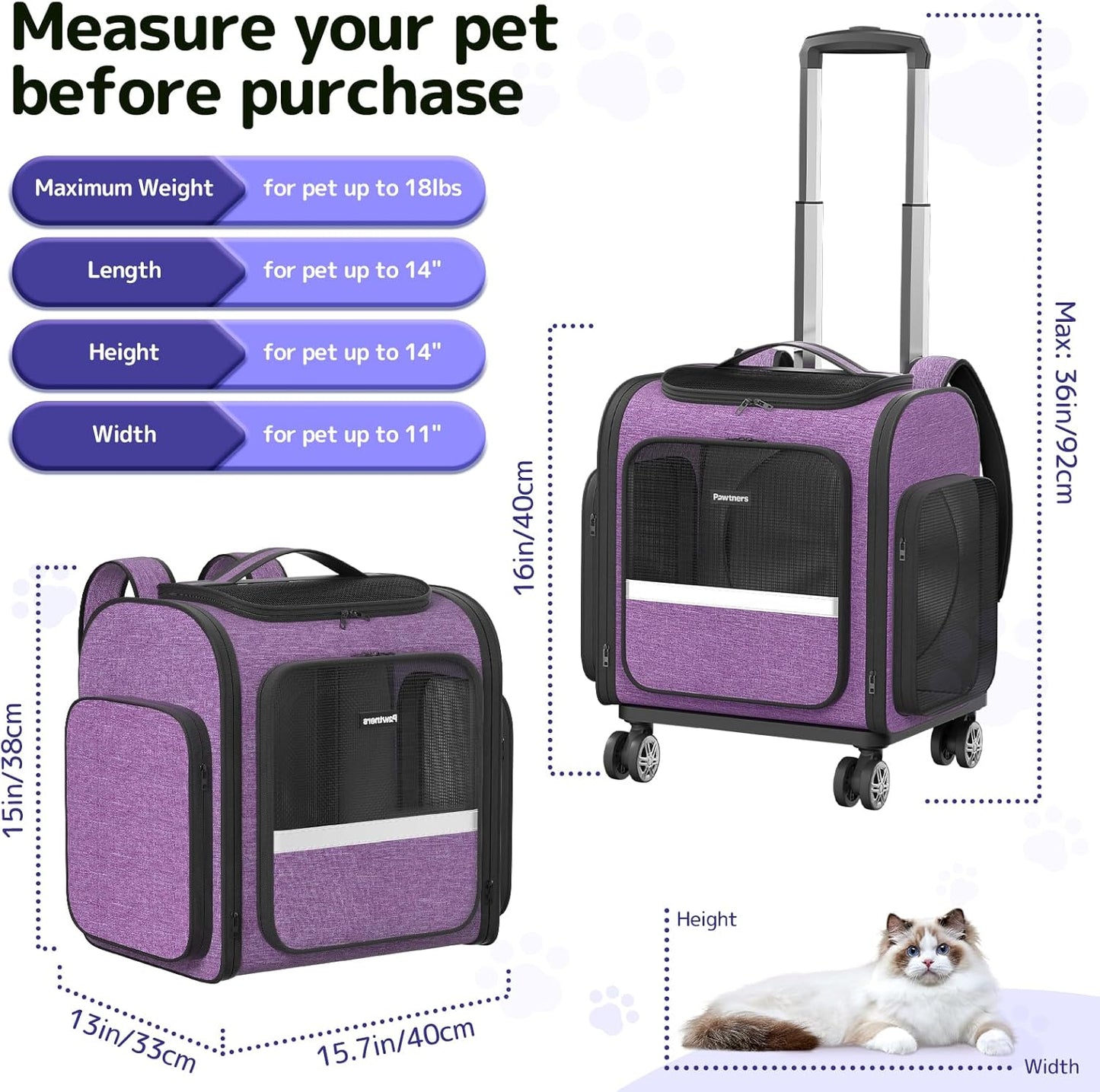 Rolling Cat Carrier with Wheels Dog Carrier for Small Dogs & Medium Cats, Expandable Pet Carrier on Wheels with Cat Play Tunnel, Large Capacity, Breathable Mesh, Side Pocket, Purple
