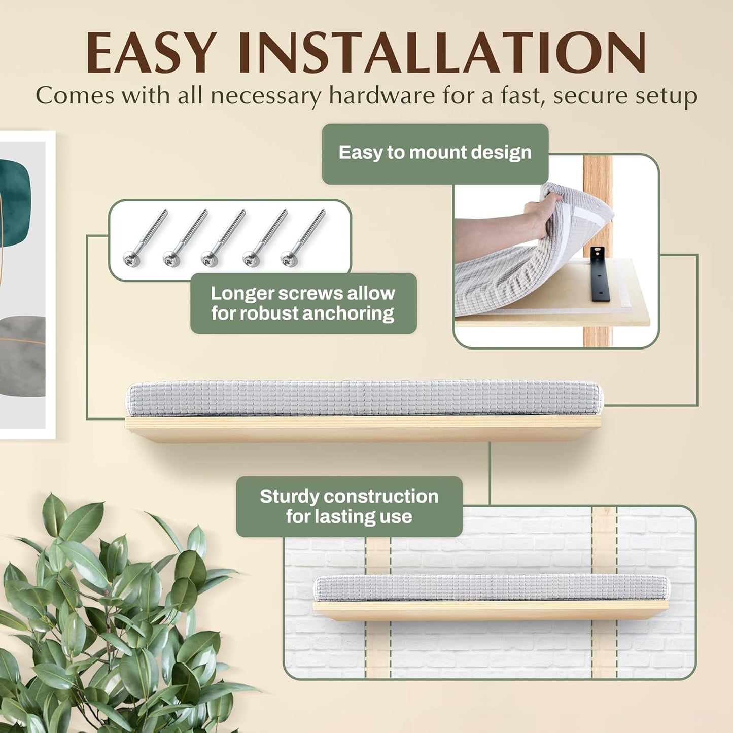 Extra Large 23.6”x12.6” CALLICO HAVEN- Stylish Cat Wall Shelves with Cushion, Modern Wall-Mounted Cat Tree Furniture, Window Cat Shelf & Perch, Sturdy/Hidden Mounts, Washable Cover - Flat Shape