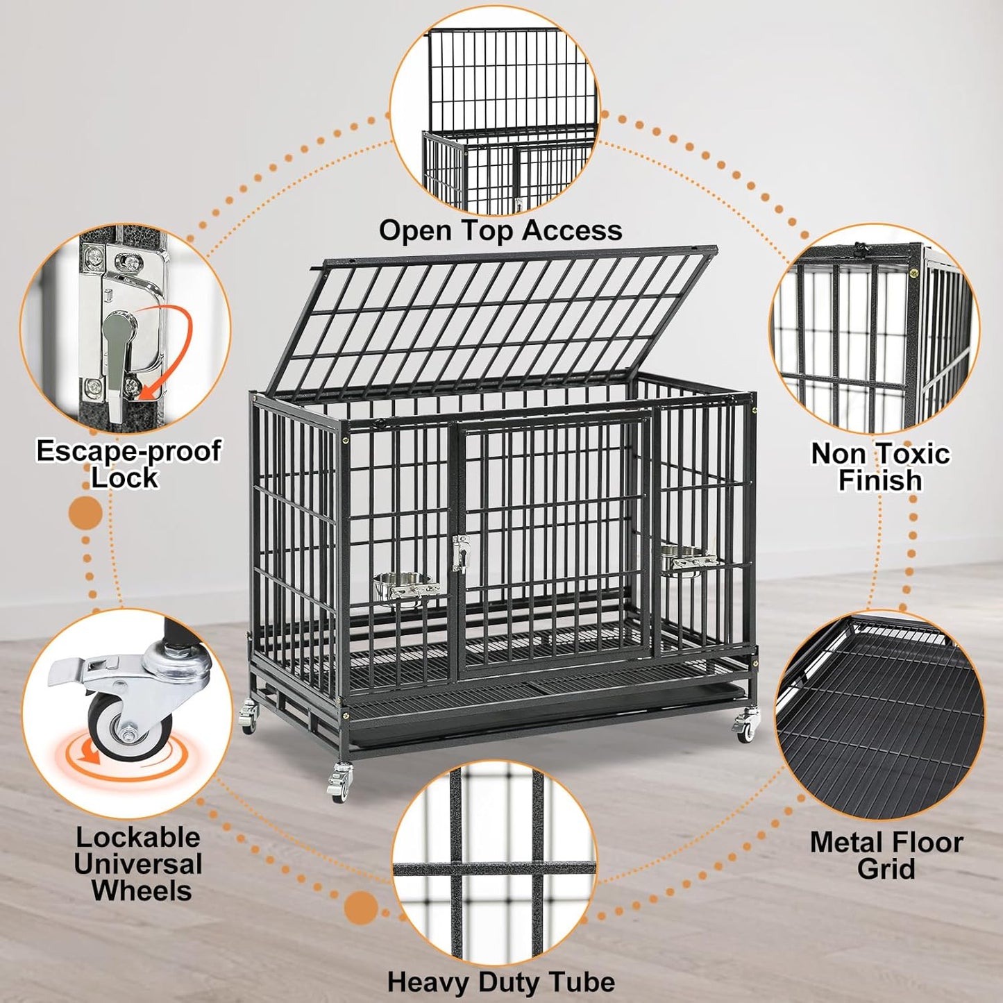 Homey Pet 37 Inch Heavy Duty Dog Crate Indestructible, Collapsible Dog Cage with Lockable Wheels, Removable Tray, High Anxiety Dog Kennel Indoor, Two Tiers Stackable Dog Crates for Medium Dogs