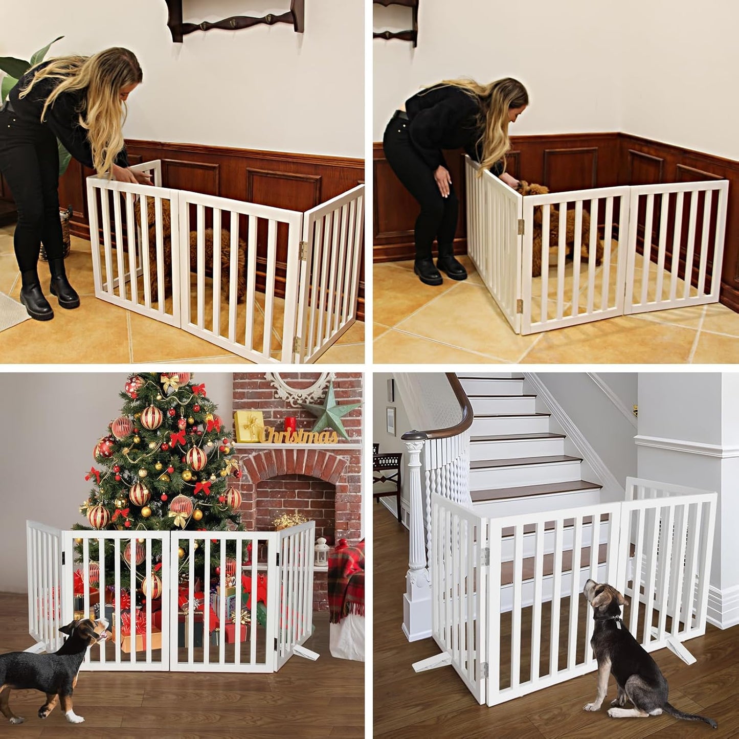 ZJSF Freestanding Indoor Dog Gate for House Foldable Wood White Puppy Gate for Doorways Pet Gate for Stairs Extra Wide Pet Fence 24" Height 6 Panels