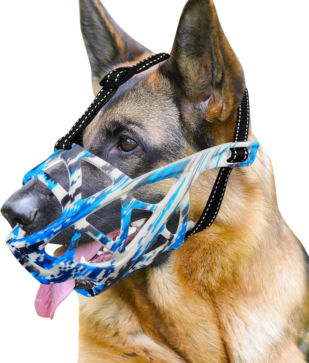 Dog Muzzle for Large Dogs, Medium and X-Large Aggressive Dog, Breathable Basket Muzzles, Suitable for Grooming Trimming Training, Allows Panting Drinking (Camouflage Blue, M)