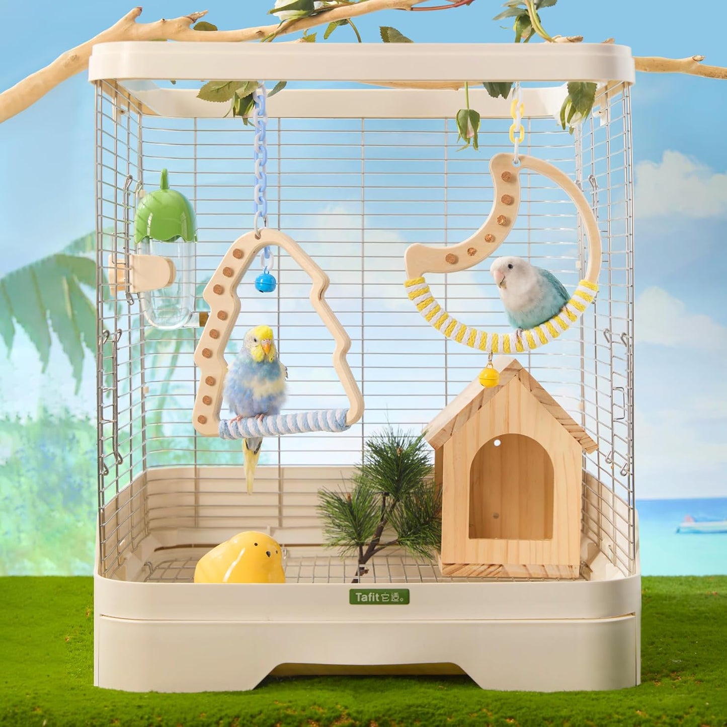 Natural Bird Swing - Moon-Shaped Parrot Perch with Bell and Cork Toys, Spinning Wooden Stand for Parakeets, Budgies, Lovebirds and Small/Medium Birds (White + Purple)
