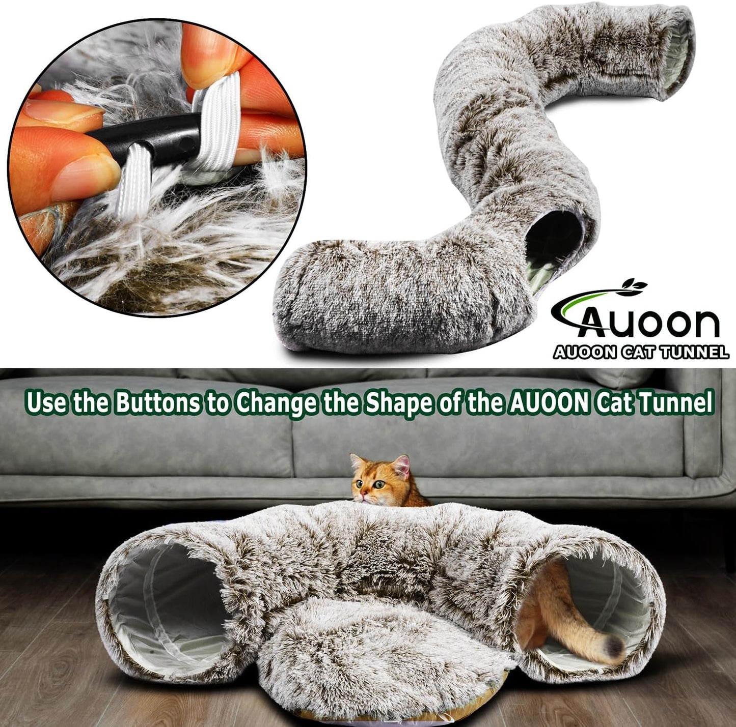 AUOON Cat Tunnel Bed - Cat Donut Tunnel with Soft Plush Circle Cushion for Indoor Cats Kitten Kitty Puppy Rabbit Ferret (Brown)