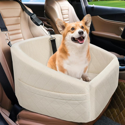 Dog Car Seat for Small Medium Dogs,Detachable Washable Dog Booster Seat Under 30lbs, Pet Car Seat Travel Bed with Storage Pockets and Dog Safety Belt (White)