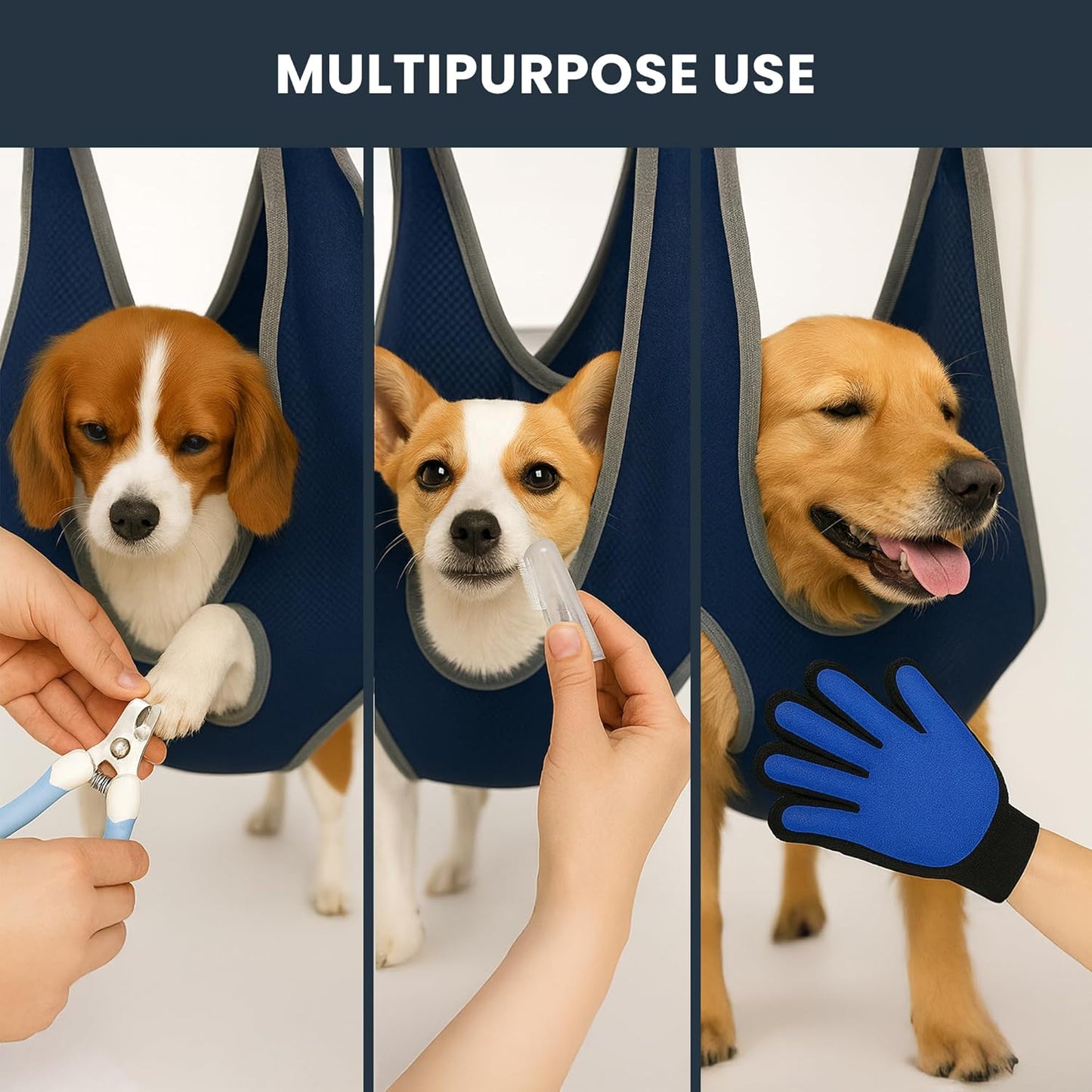 Grooming Hammock Kit for Dogs & Cats, Includes Hammock Harness, Nail Clippers, Nail File, Grooming Glove, Dematting Comb, S-Hooks, Carabiners & Storage Bag for Easy Home Grooming small (75×49) cm