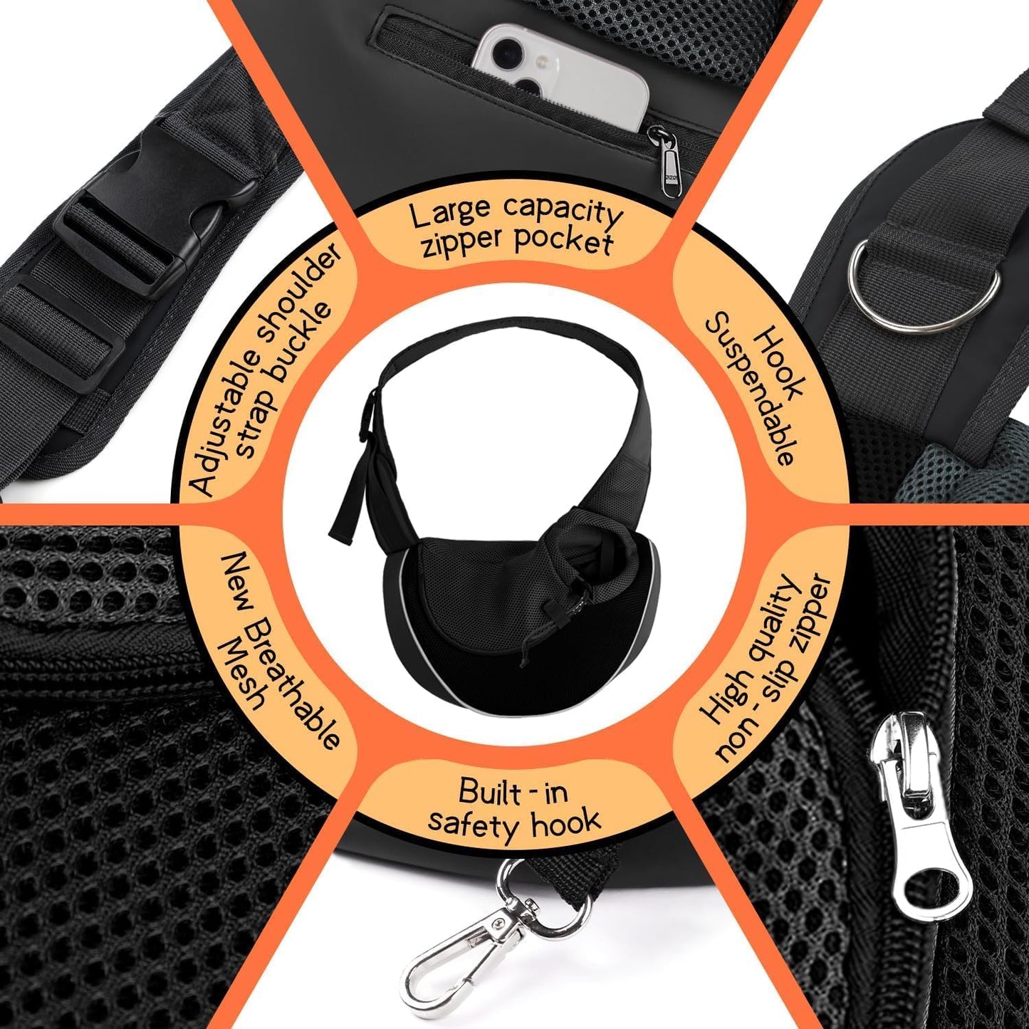YUDODO Pet Sling Carrier for Small Dogs & Cats – Hands-Free Puppy Carrier with Safety Hook, Large Zipper Pocket, Soft Breathable Mesh, Adjustable Strap & Reflective Strip (Black 2.0 L)
