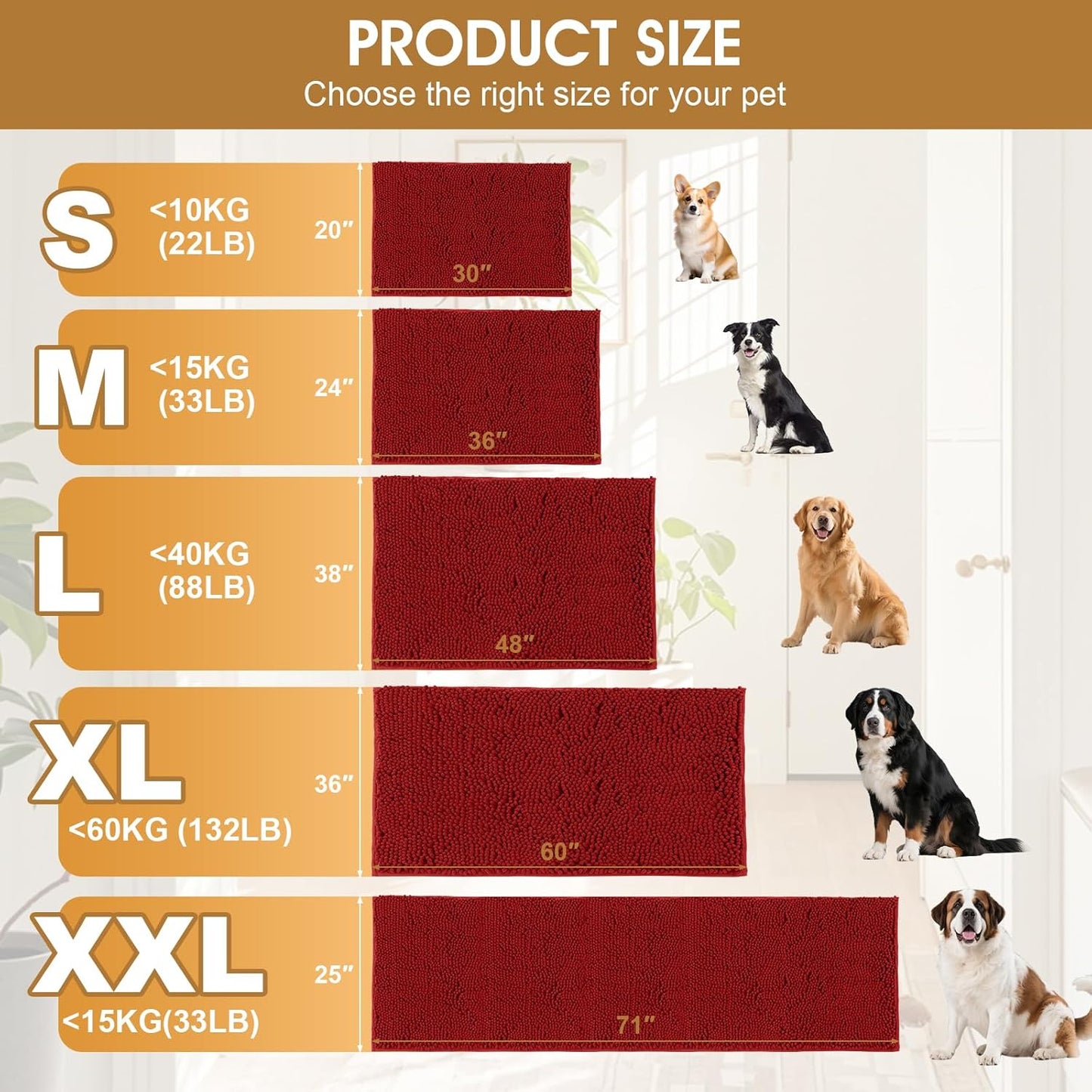 Extra Large Dog Door Mats for Muddy Paws, Chenille Absorbent Dog Mats, Non Slip Heavy Mud Mat for Dogs, Soft Pet Mat for Entryway, Mud Paws, Inside Floor,60" x 36", Red