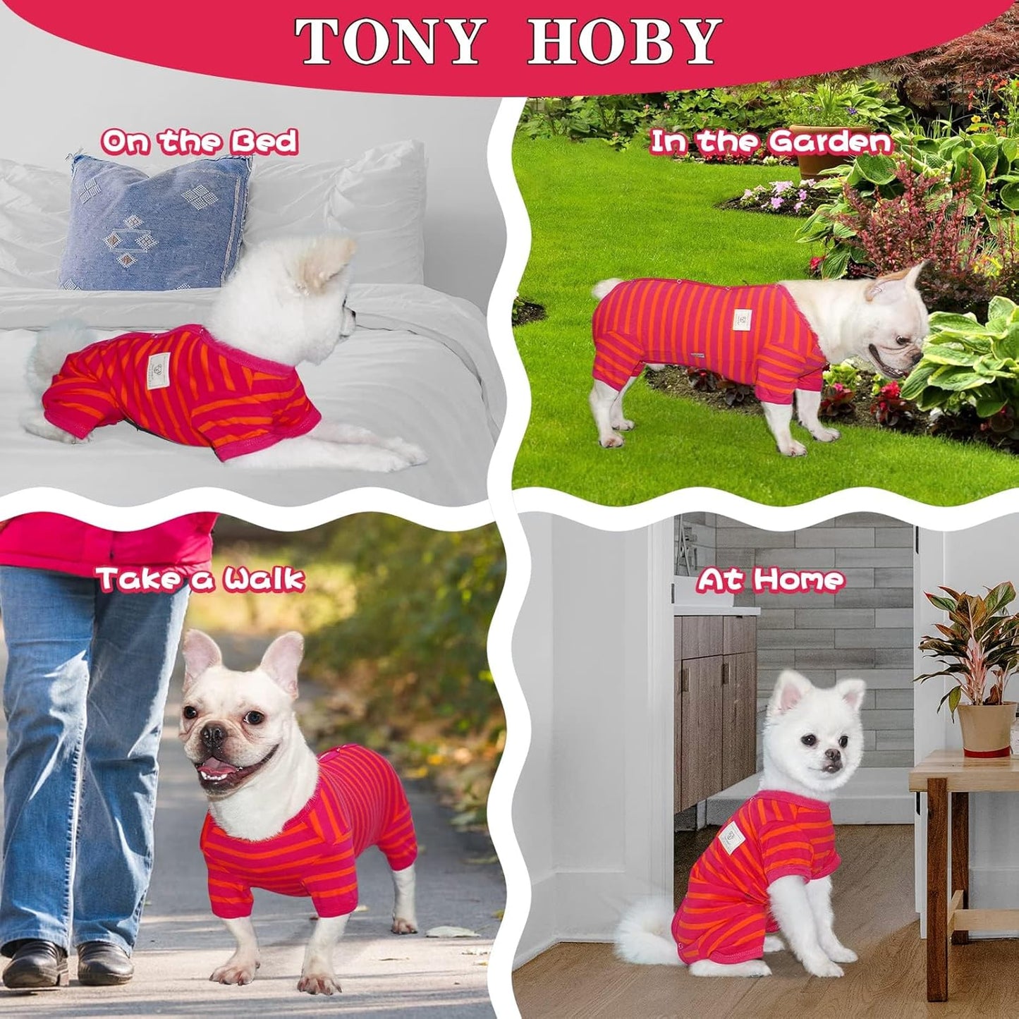 TONY HOBY Female/Male Dog Pajamas, Dog Jumpsuit 4 Legged Pajamas with Stripes, Soft Cotton for Comfortable Sleep (Rose Red&Orange, Boy, XS)