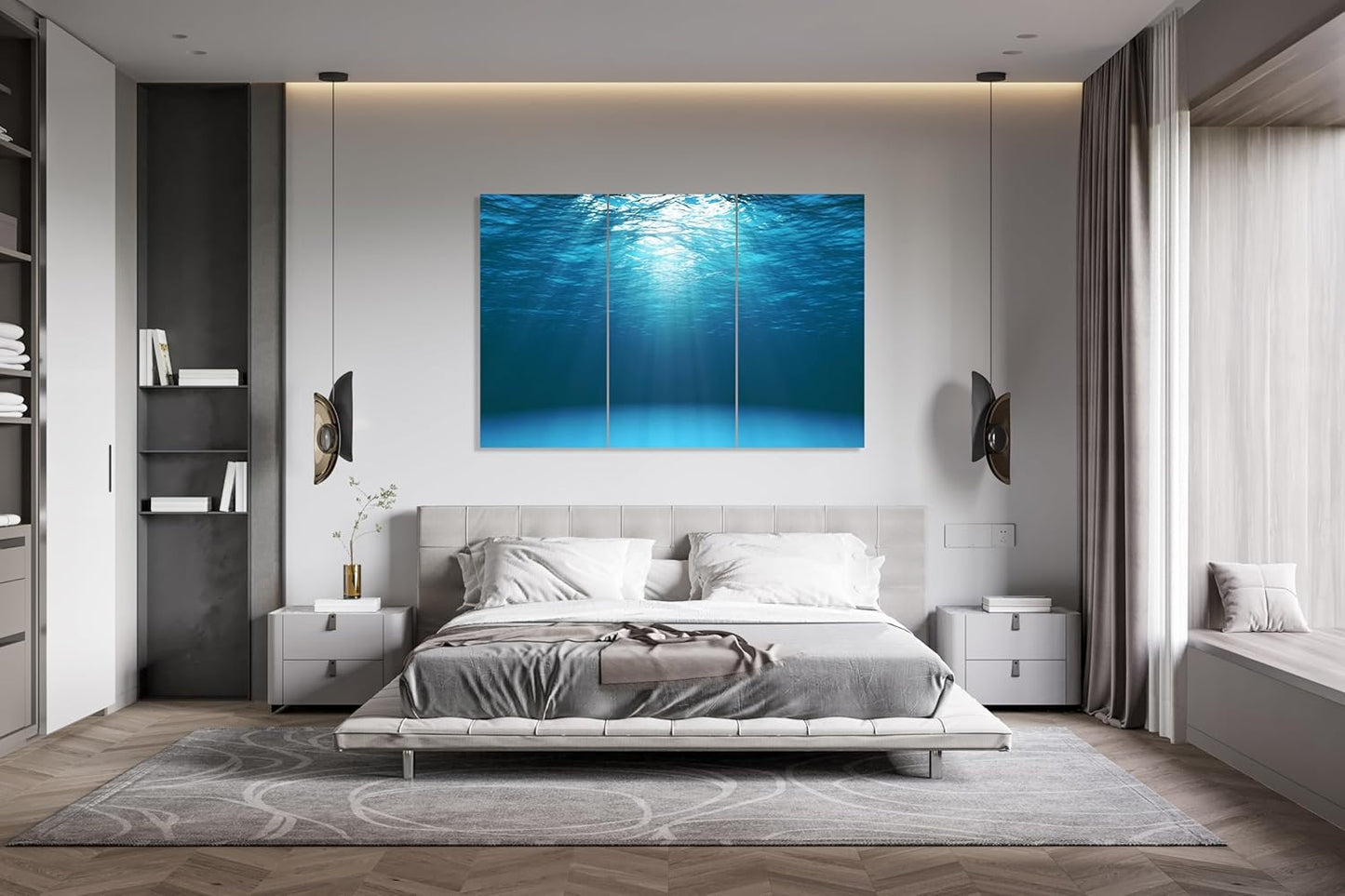 Nature Wall Art Prints - Ocean Forest Mountain Lake Canvas Landscapes - Small to Extra Large Living Room Bedroom Kitchen Bathroom Décor (Sun Rays Under Water, 35L" x 53W" - 3 Panels)