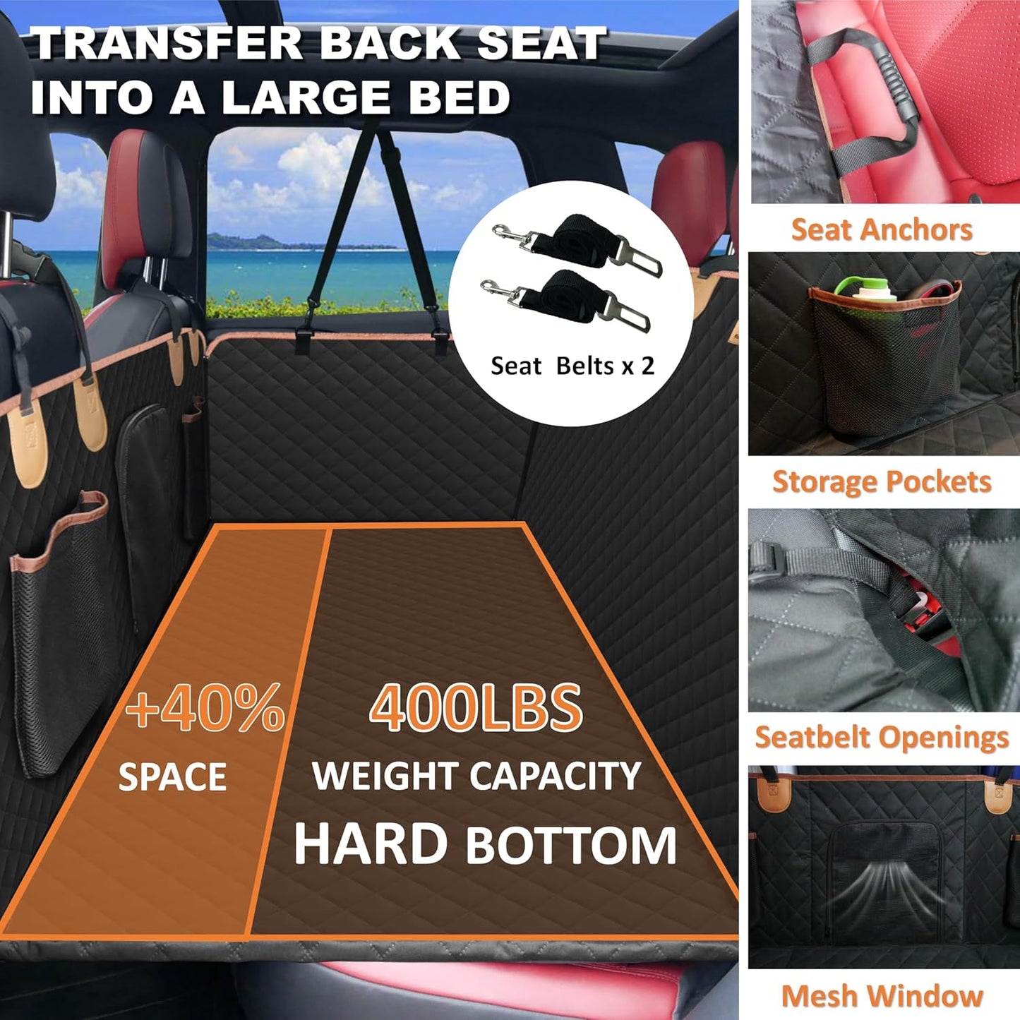 Back Seat Extender for Dogs Cats,Car Seat Cover with Hard Support,Waterproof Dog Hammock for Car Travel,Foldable Camping Bed Mattress for SUV Truck(Black)