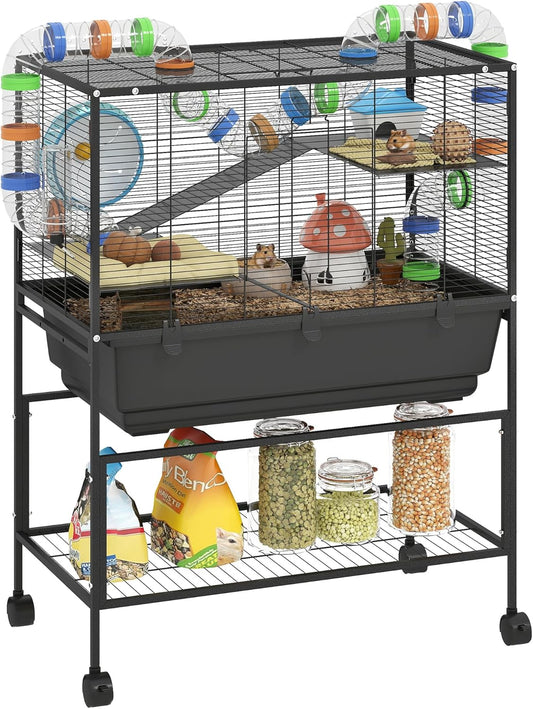 PawHut Hamster Cage with Deep Tray, 3 Tier Rolling Rat Cage with Storage Shelf, Big Exercise Wheel, Tube System, Hut, Platforms, Ramps, Food Dish, Water Bottle, for Syrian, Gerbil, Mouse
