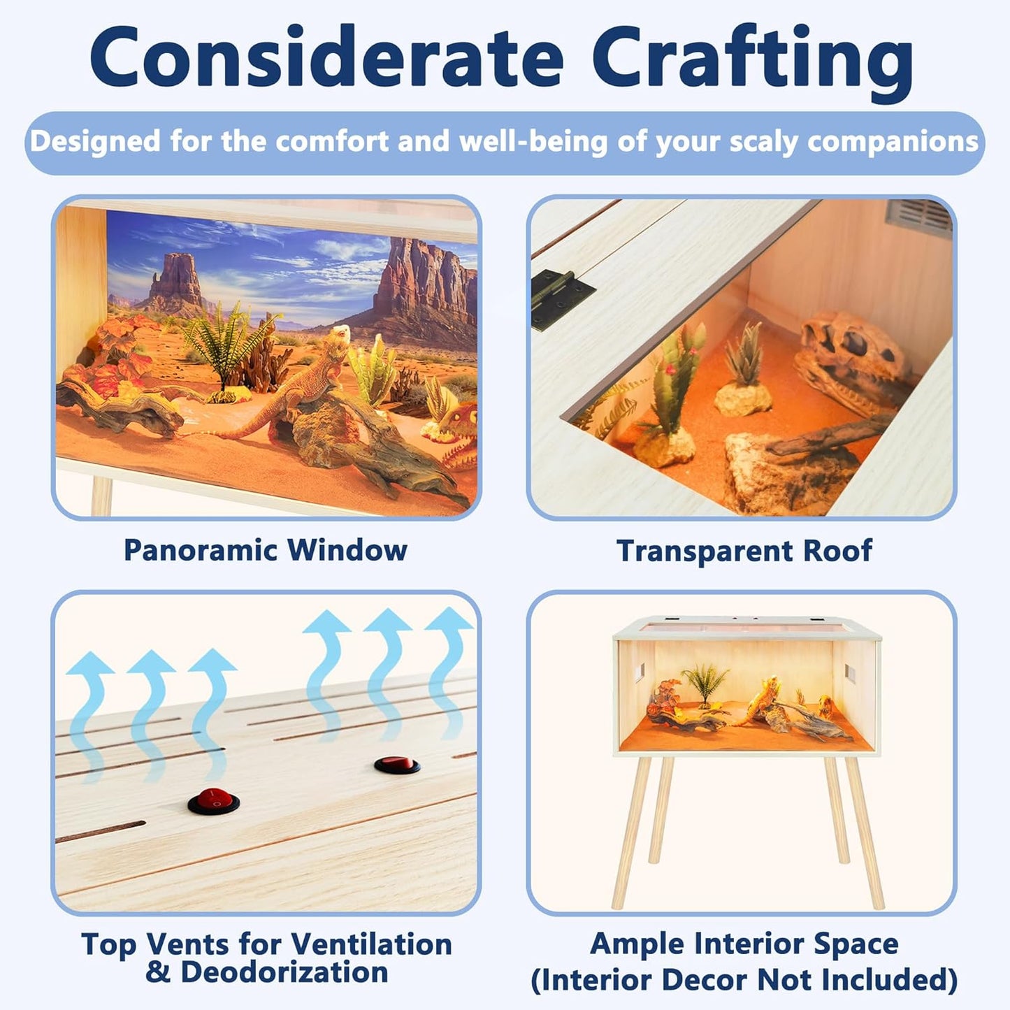 Prolee Reptile Terrarium, Lizard Tank Up to 68 Gallons, Bearded Dragon Tank with Roof Door, Snake Tank with Built-in Lamp Fixture and Switch, with Leg Stand (Oak, 28 Gallons, 32" Length)