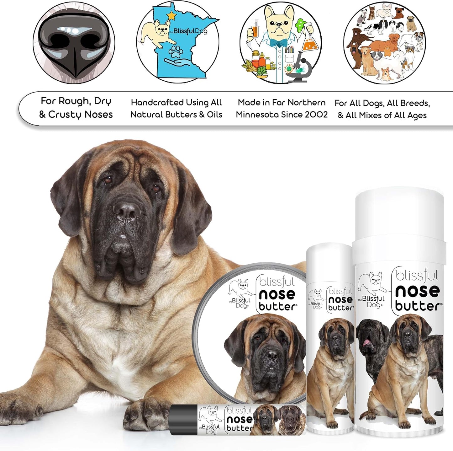 The Blissful Dog Mastiff Nose Butter for Dry, Cracked Skin, Lick-Safe Dog Nose Balm with Moisturizing Shea Butter, Almond, Olive, and Essential Oils, Pet Supplies, Uncented, 0.15 oz.
