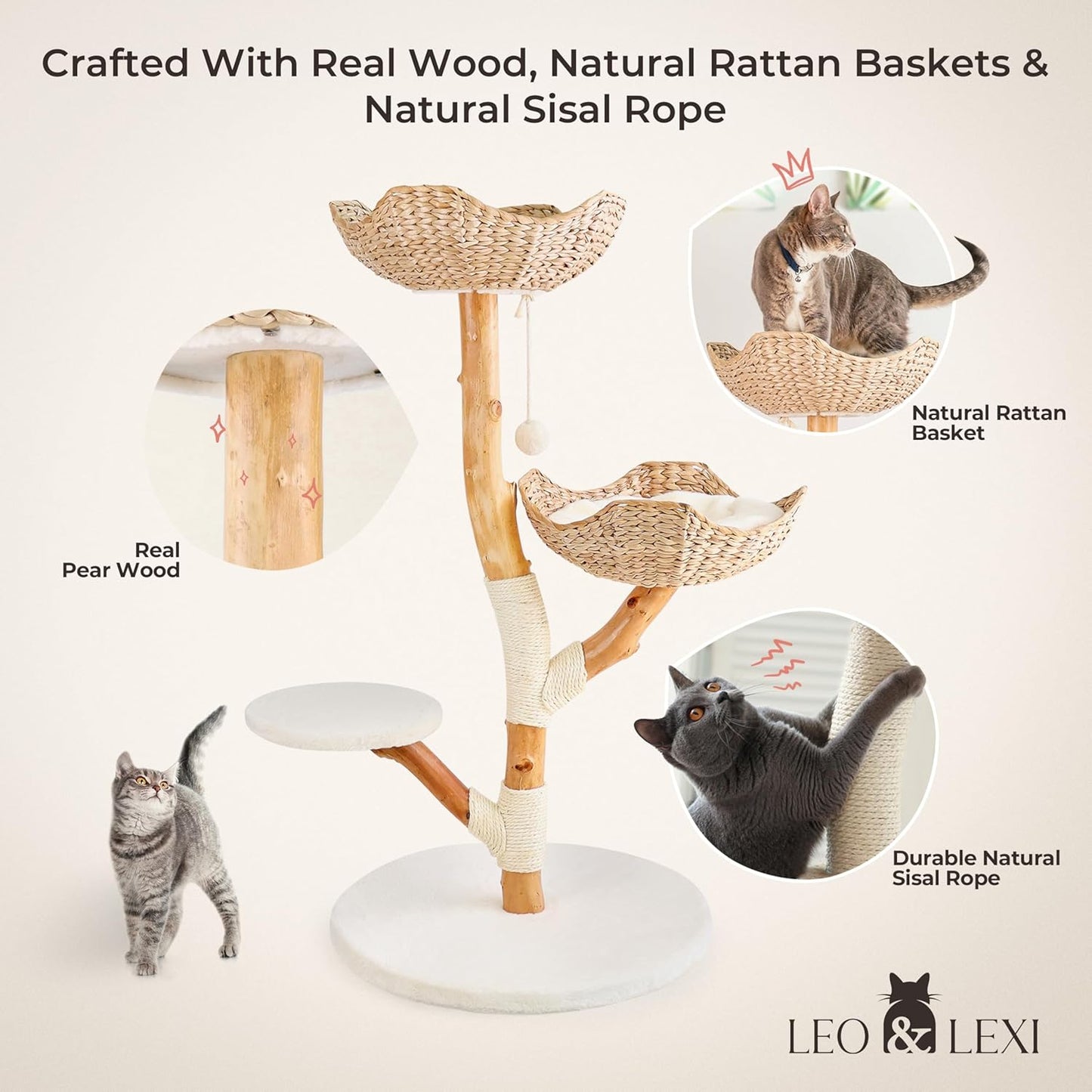 Real Wood Modern Cat Tree Tower, Cat Scratching Post with Bed for Indoor Cats Large Adult, Solid Wooden Climbing Tower, Cute Wicker Condo, Aesthetic Stand, Boho Luxury Pet Furniture