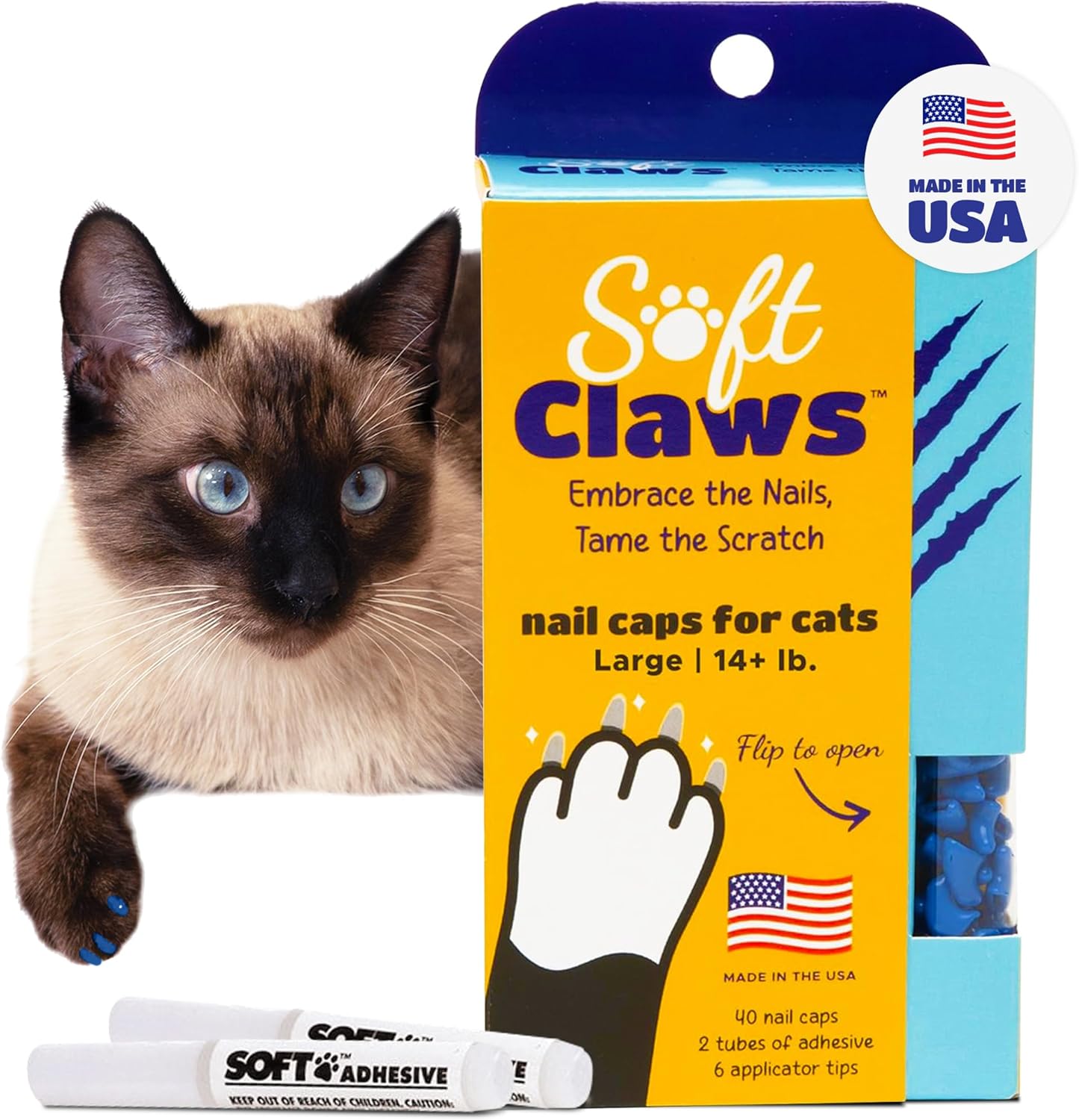 Soft Claws Cat Nail Caps for Large Cats – (40 Caps, Blue) - Made in USA - Veterinarian-Developed | Protects Furniture & Skin - Easy to Apply, Long-Lasting Anti-Scratch Soft Cat Claw Covers.