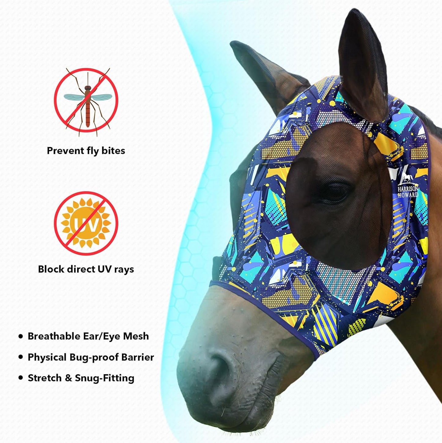 Harrison Howard Super Comfort Stretchy Fly Mask Large Eye Space with UV Protection Soft on Skin with Breathability Graffiti Mix M Cob