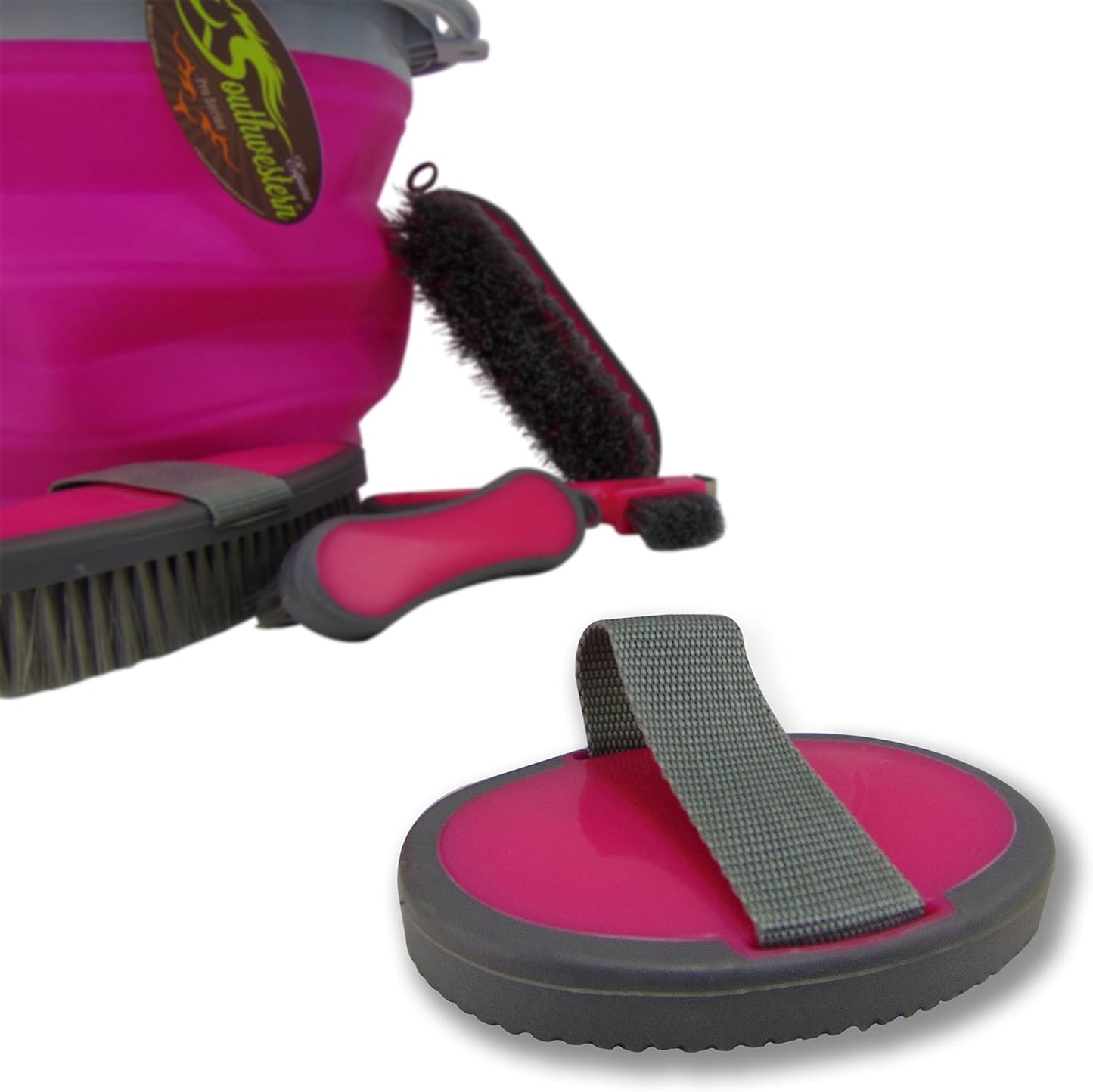 Collapsible Grooming Kit 10 Liter Bucket and 5 Grooming Tools by Southwestern Equine (Pink)