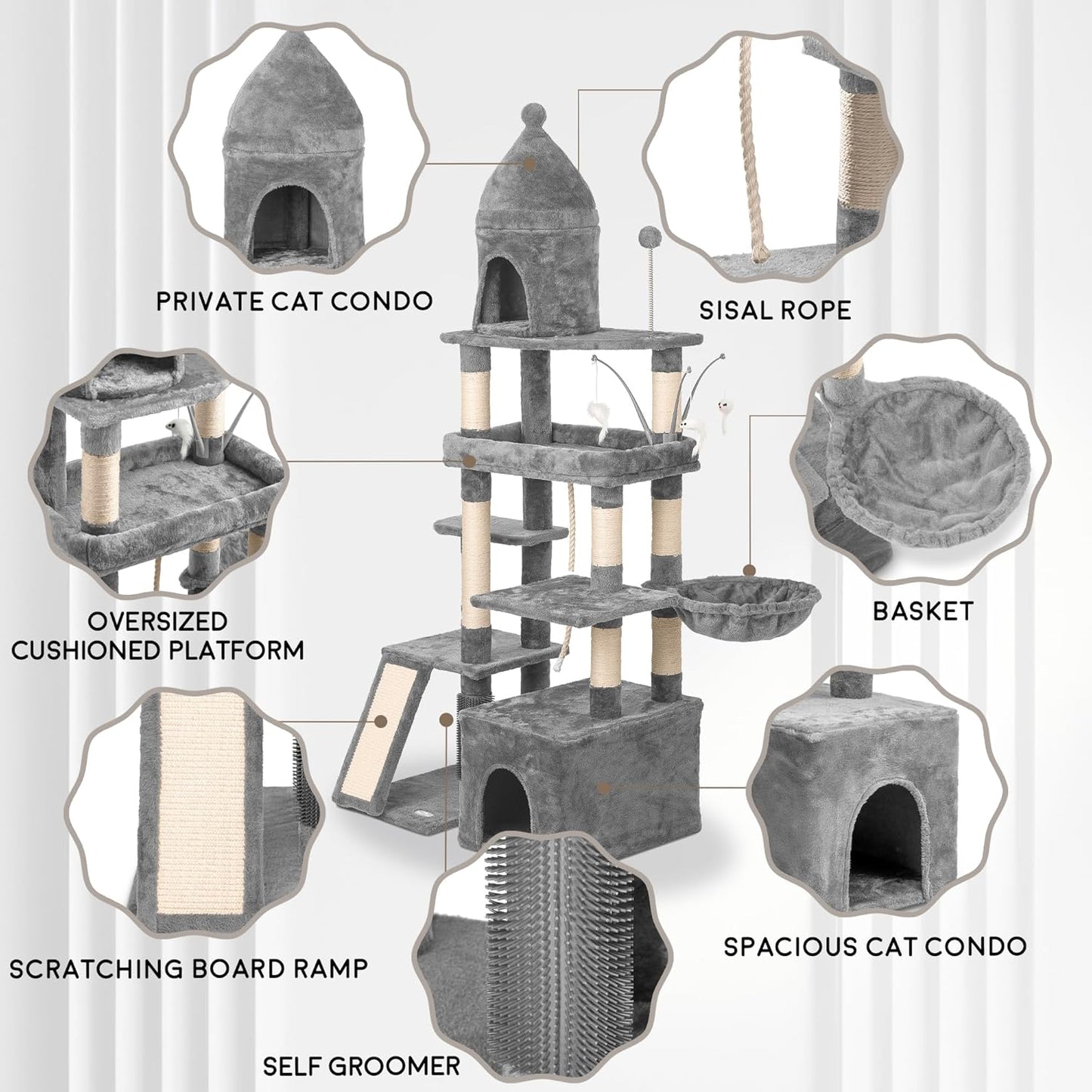 Large Cat Tree Tower for Large Cats, Cat Scratching Post, Self Grooming Post, Interactive Cat Toys, Oversized Perch and Basket, Heavy Duty 72", Light Grey