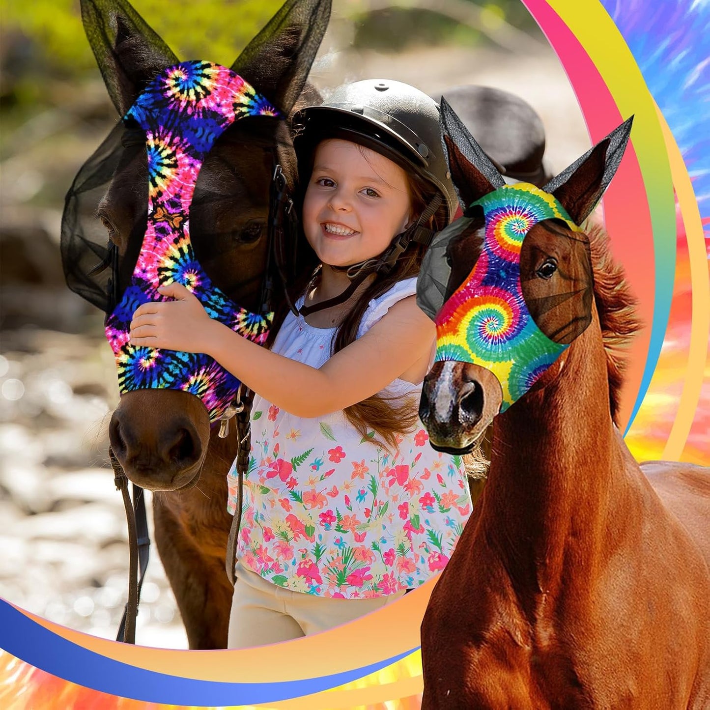 Frienda 4 Pieces Horse Fly Masks with Ears Face Covering UV Protection from Insect Pests Elasticity Smooth Comfortable Mesh Horse Mask Accessories(Tie-dye,Medium)