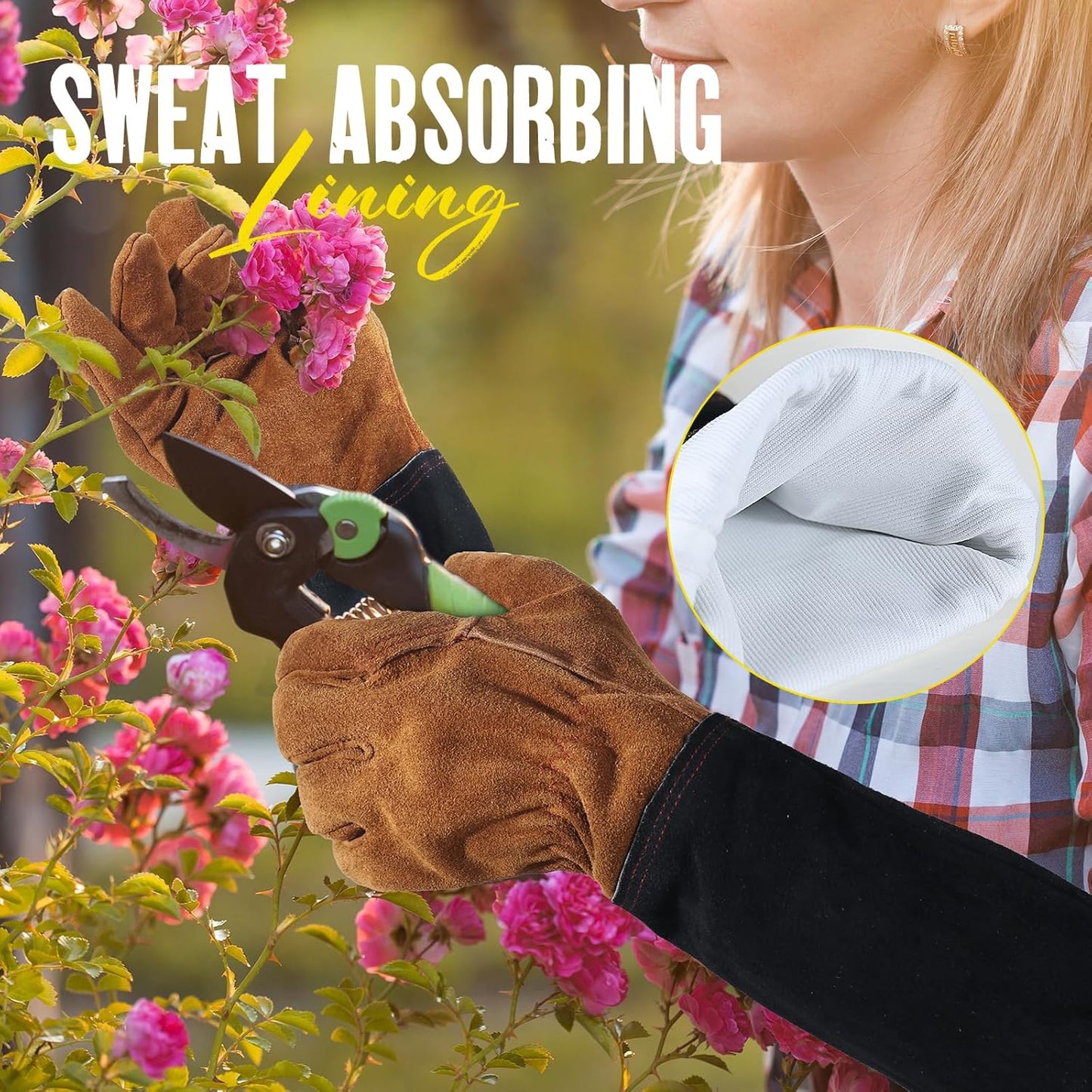 HANDLANDY Leather Gardening Gloves for Men & Women, Rose Pruning Thorn Proof Garden Glove, Long Sleeve Gauntlet Gloves (Black-brown, Large (Pack of 1))