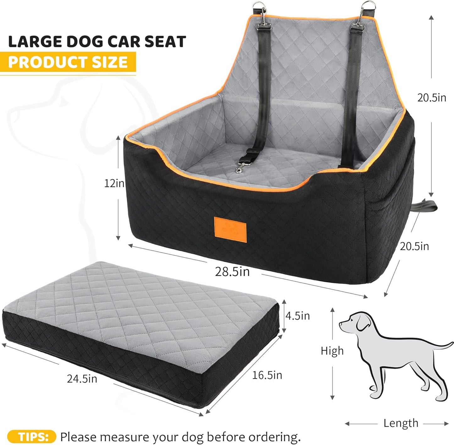 Dog Car Seat for Large/Medium Dog, Booster Seat for Dogs Under 55Lbs or 2 Small, Detachable and Washable Travel Pet Seat with Thick Cushion and Storage Pockets (Black/Gray)