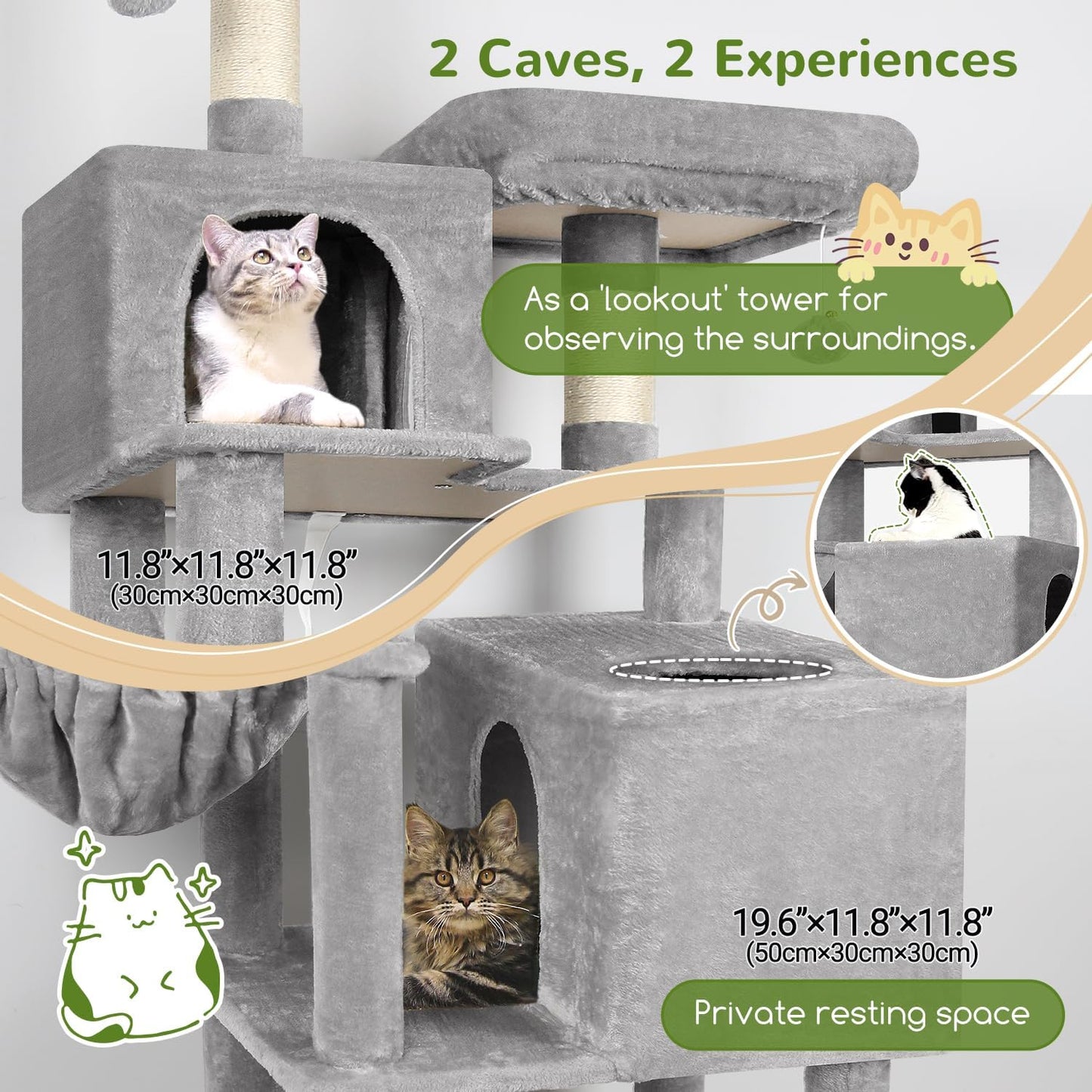 Globlazer Cat Tree Tower, 76-Inch Extra Tall Multi-Level Cat Furniture with Cozy Condos, Hammock and Perches for Adult Cats, Perfect for Climbing, Scratching, and Play, F76, Light Grey