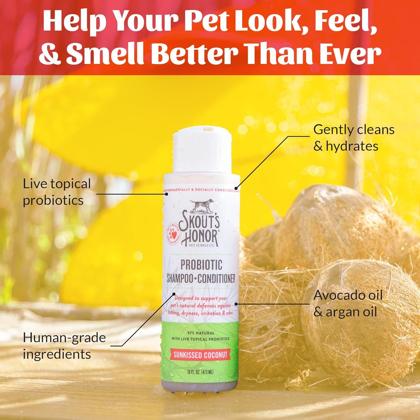 Skout's Honor Probiotic Dog Shampoo & Conditioner with Avocado Oil & Omega-3s, 97% Natural, Paraben & Sulfate-Free, Cruelty-Free, 16oz, Sunkissed Coconut