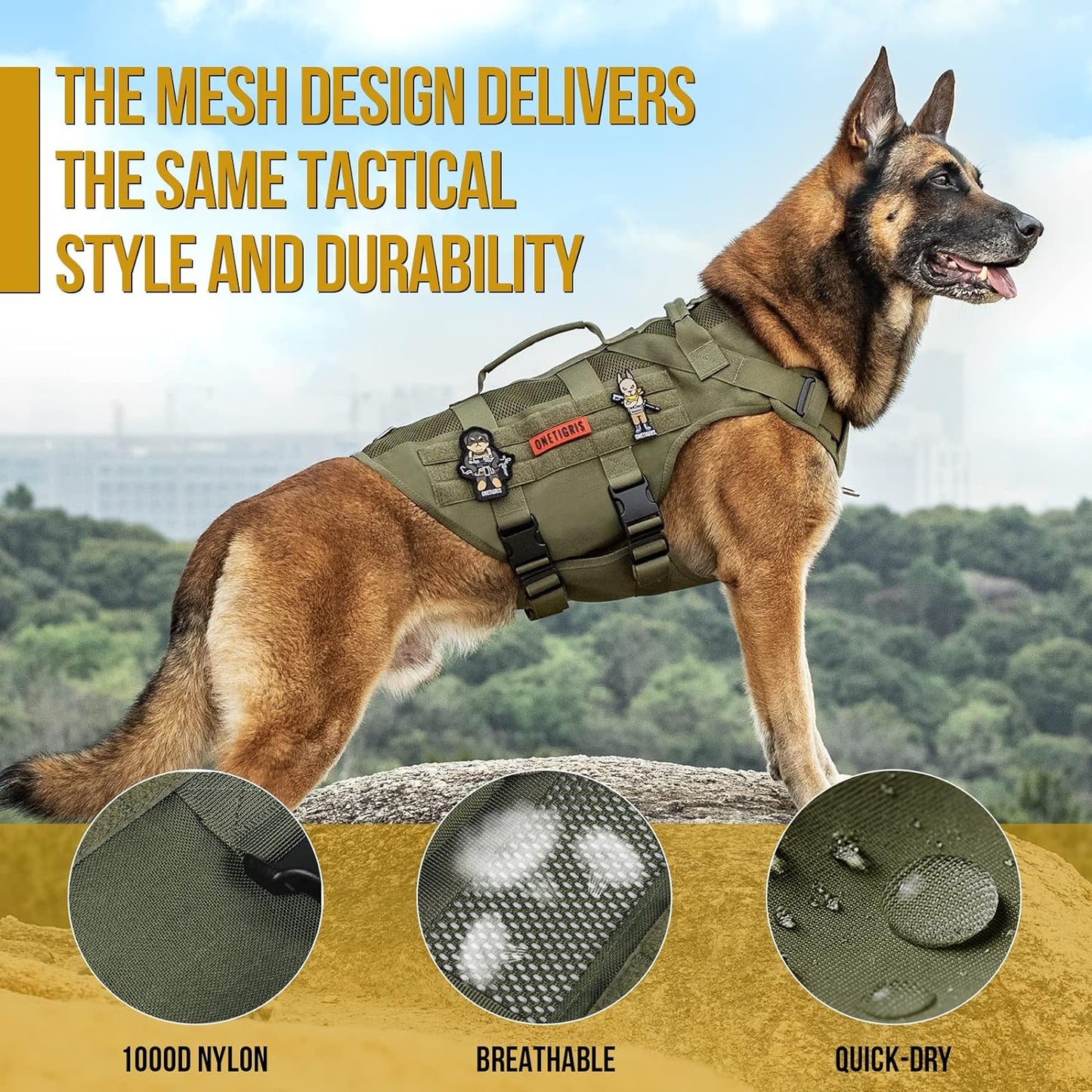 OneTigris No Pull Tactical Dog Harness for Medium Dogs, Aire Mesh Service Dog Harness Breathable Military Dog Molle Vests with Handles, Service Dogs Vest Harness for Walking Hiking Training