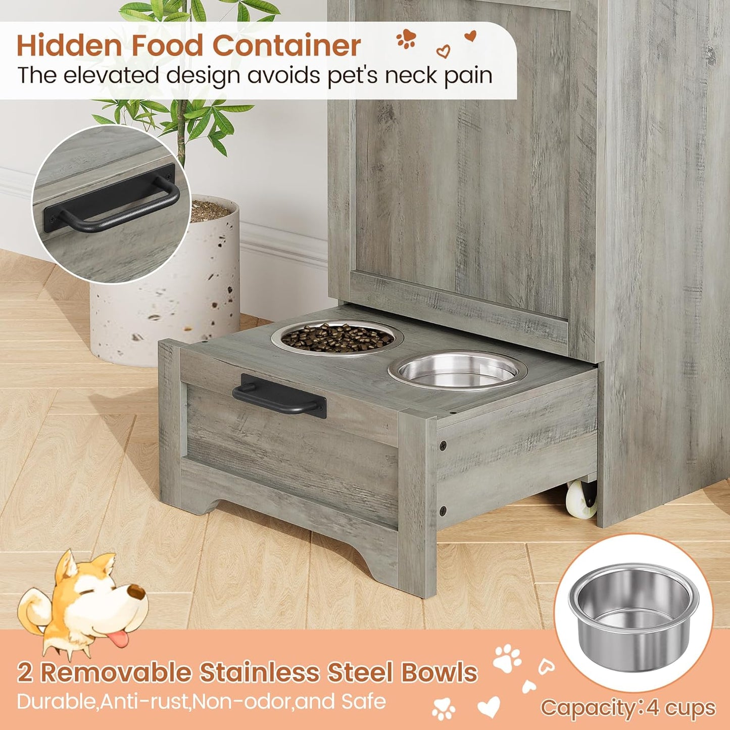 Dog Feeding Station with Storage - Large Capacity Dog Food Storage Cabinet with 2 Removable Stainless Steel Bowls, Flip Top Pet Food Container Toy Storage Organizer - Grey