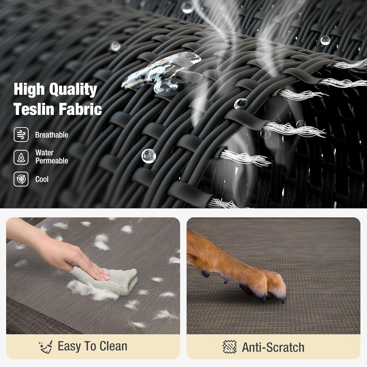 Veehoo Cooling Elevated Dog Bed, Raised Pet Cot with Guardrail & Slope Headrest, Durable Breathable Teslin Mesh, Non-Slip Feet, Washable Dog Couch Bed for Indoor & Outdoor, Large 47" x 32", Brown