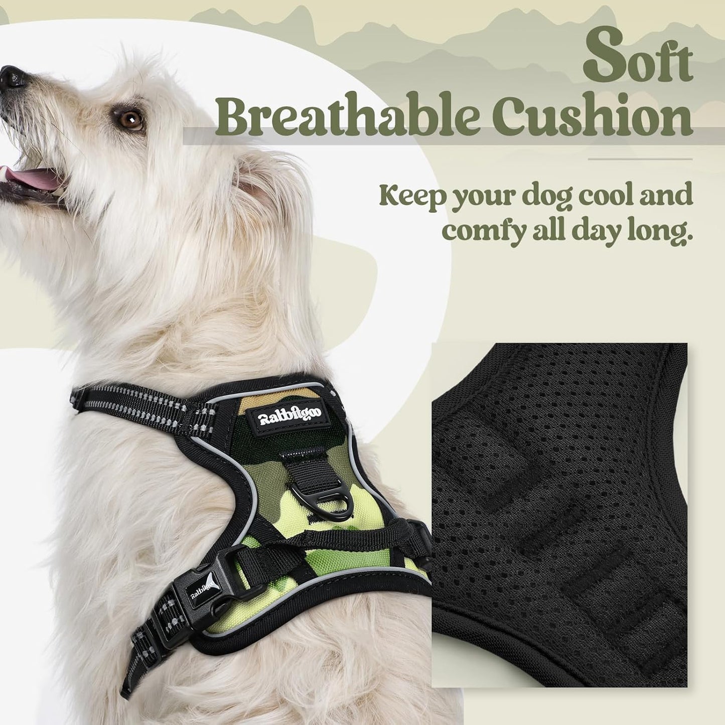 rabbitgoo Dog Harness No Pull with 2 Leash Clips, Adjustable Soft Padded, Reflective Oxford No Choke Pet Vest with Easy Control Handle for Large Dogs, Green Mountain,XS