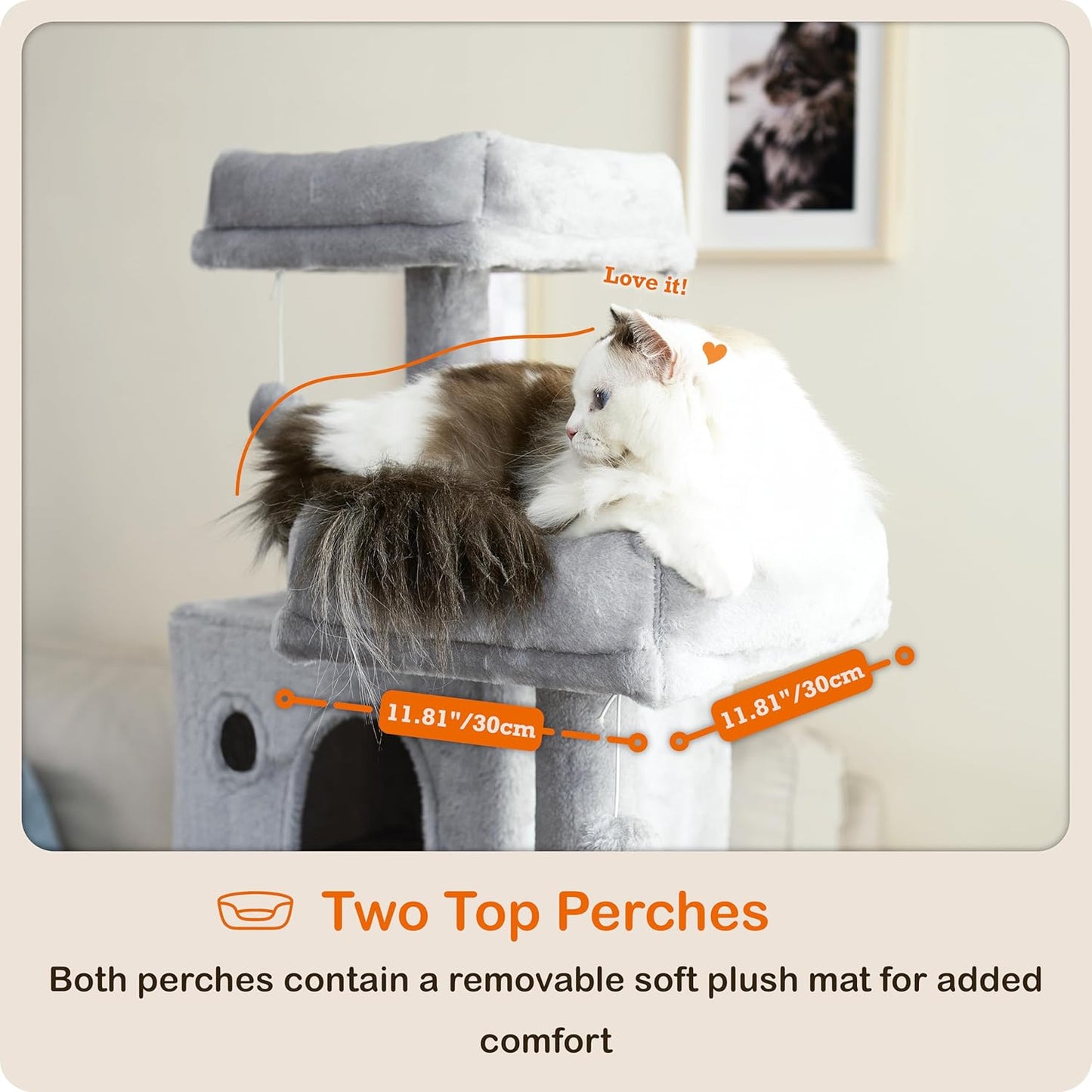 Ouritsu Cat Tree, 56 inch Tall Cat Tower for Large Cat Indoor, Large Condo, 2 Padded Perches, Steel-Framed Hammock, Scratching Post and ramp, Fluffy Basket, Light Gray, LF001GA