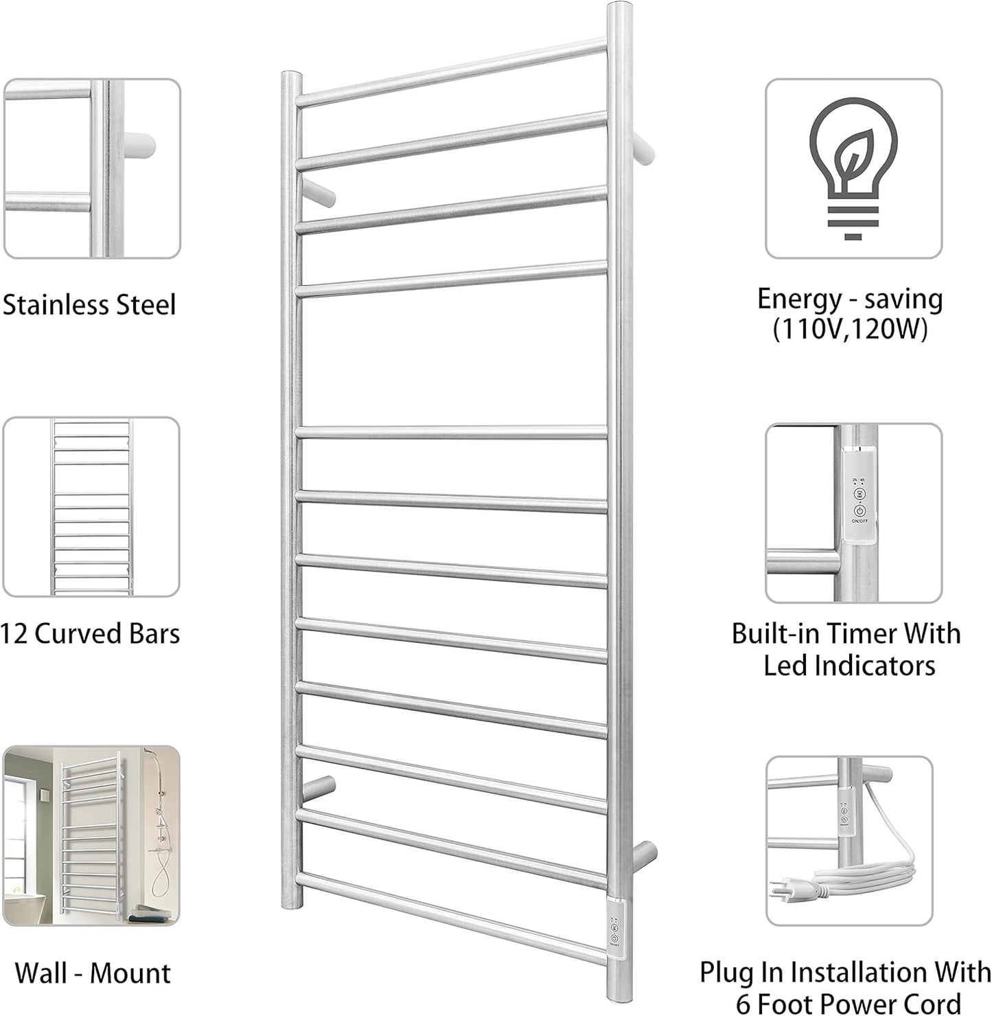 KEG Towel Warmer Wall Mounted with Built-in Timer 12 Bars Electric Stainless Steel Heated Towel Racks for Bathroom, Hot Plug-in Bath Towel Heater Brushed Nickel