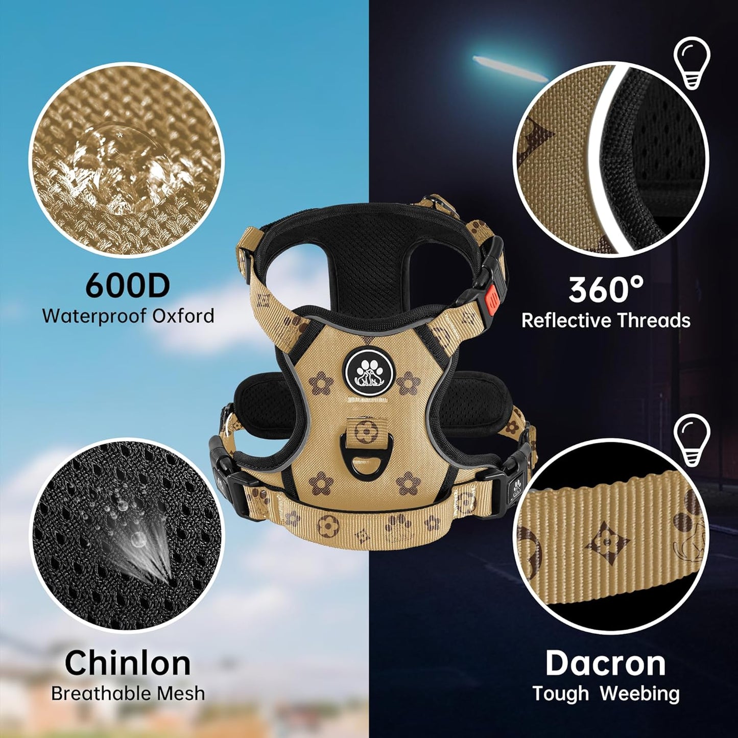 NESTROAD No Pull Dog Harness,Adjustable Oxford Dog Vest Harness with Leash,Reflective No-Choke Pet Harness with Easy Control Soft Handle for Small Dogs(Small,Light Brown)