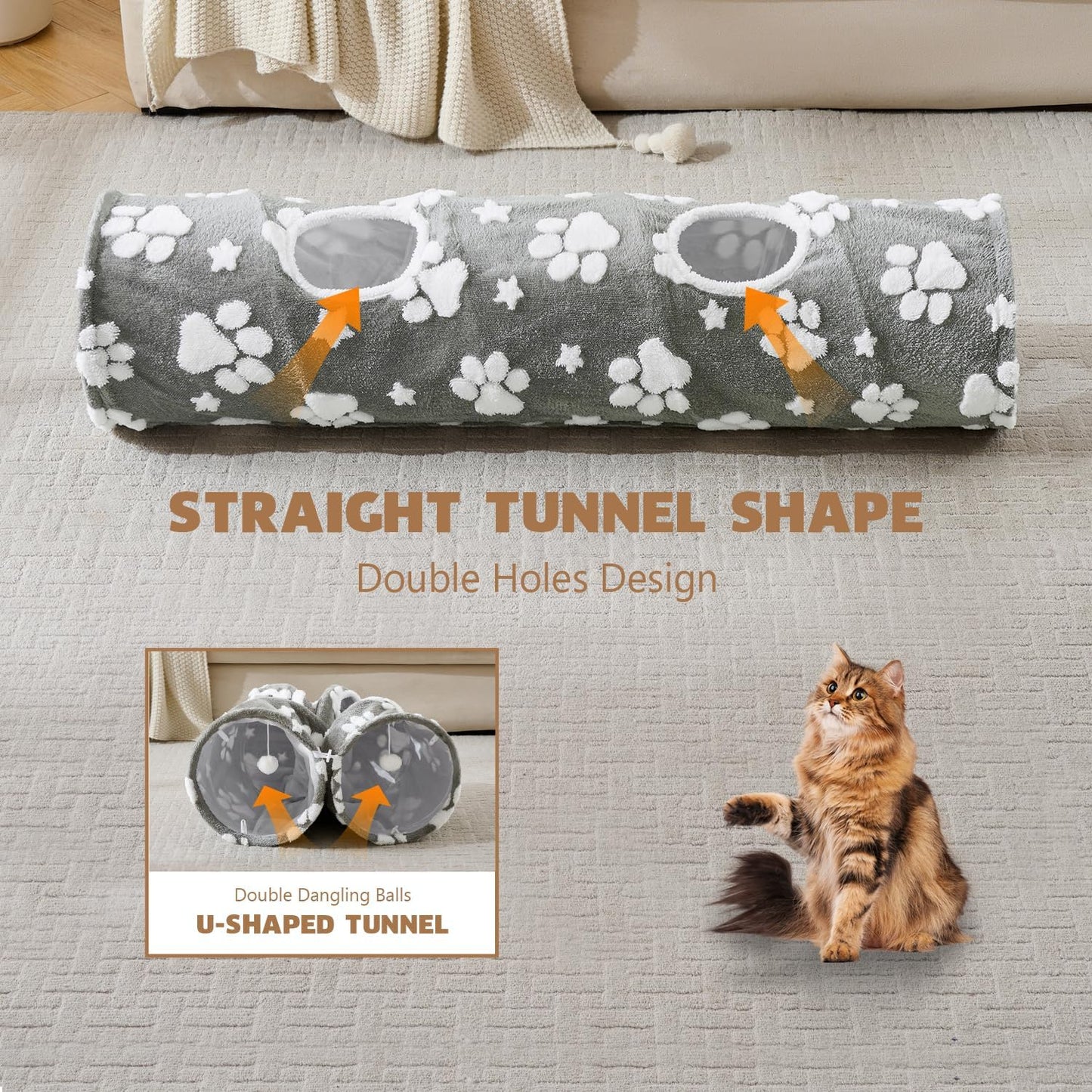 Straight Cat Tunnel for Indoor Cats 47"x12", Cute Cat Toys Collapsible Tunnel Tube with Balls for Puppy Kitten Rabbit, Grey Paw