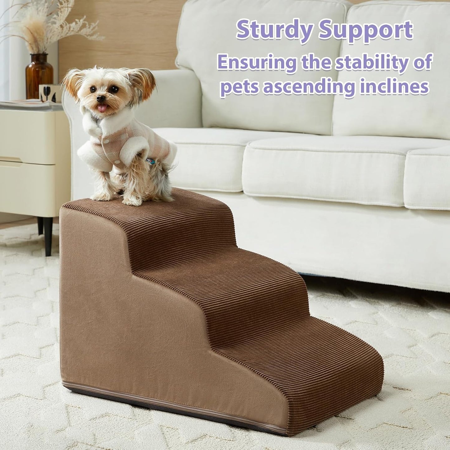 Dog Stairs for Small Dogs, 3-Steps Dog Ramp for Bed and Couch, Pet Stairs with Highly Supportive Foam and Non-Slip Bottom, Pet Steps for Cat & Doggie (High 15.7 Inch)