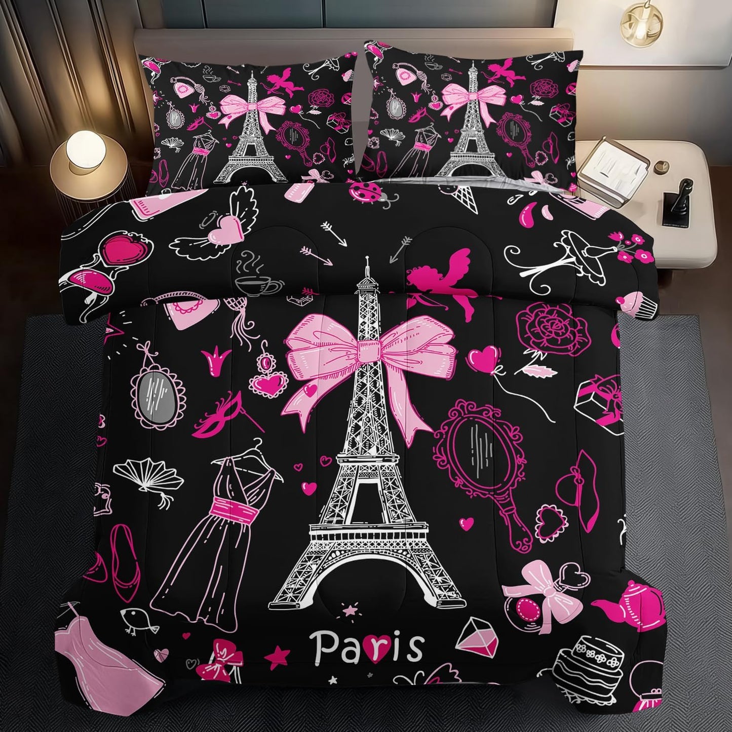 Eiffel Tower Comforter Set Full Size,Eiffel Tower Bedding Set for Girls, Pink and Black Paris Themed Comforter Bedroom Decor,Paris Quilt French Style Romantic Bedding