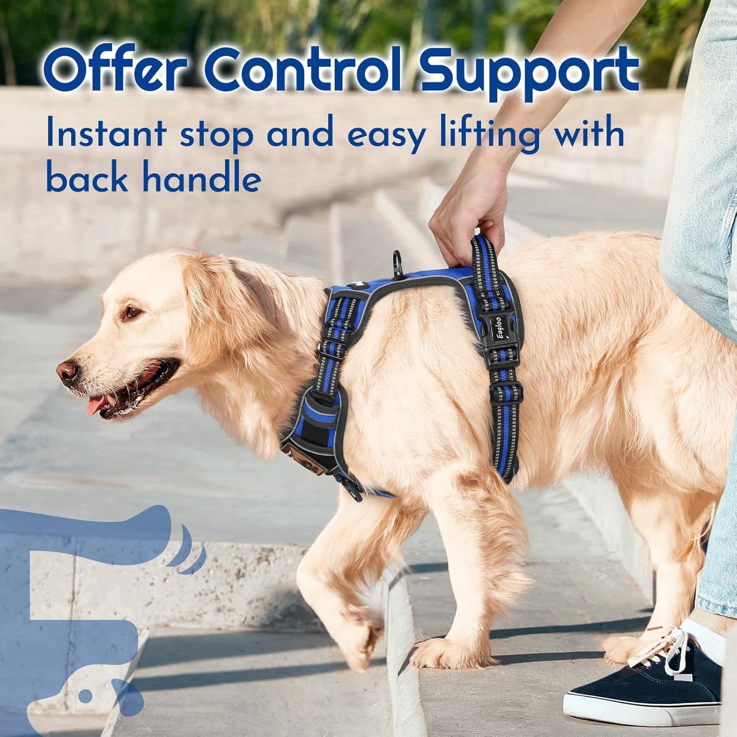Eagloo Dog Harness for Large Dogs, Easy Wearing with 3 Buckles, Adjustable No Pull Pet Harness with 2 Rings for Walking, No Chock Reflective Soft Padded Vest with Control Handle, Blue & Black, L