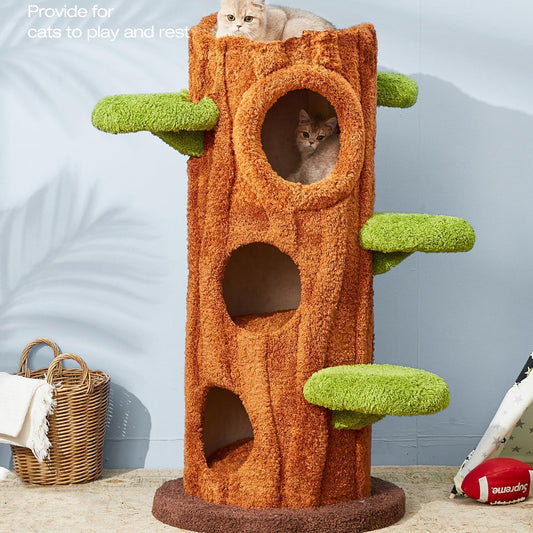 47.2'' Natural Wooden Cat Tree, Modern Cat Condo for Indoor Kitten, Multi-Level Cat Tower with Cat Perch and Scratching Pad for Multi-Cat Families