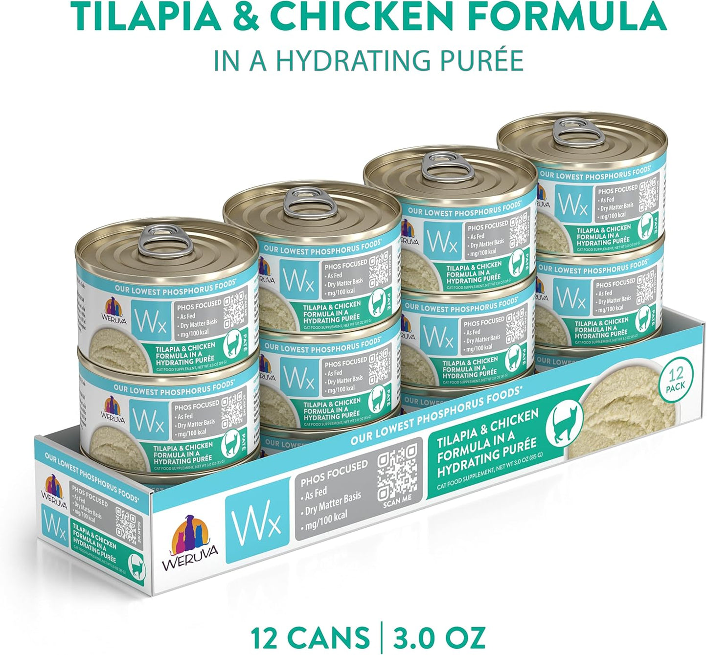 Weruva Wx Phos Focused, Tilapia & Chicken Formula in a Hydrating purée, 3oz Can (Pack of 12)