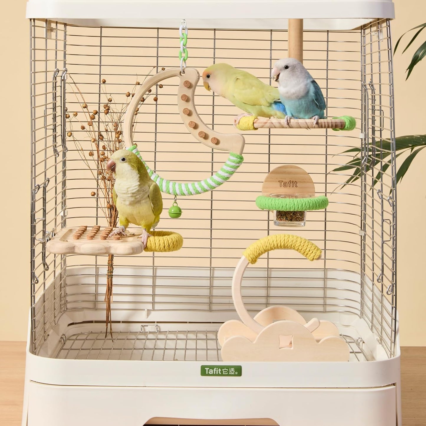 Natural Bird Swing - Moon-Shaped Parrot Perch with Bell and Cork Toys, Spinning Wooden Stand for Parakeets, Budgies, Lovebirds and Small/Medium Birds (White + Yellow)