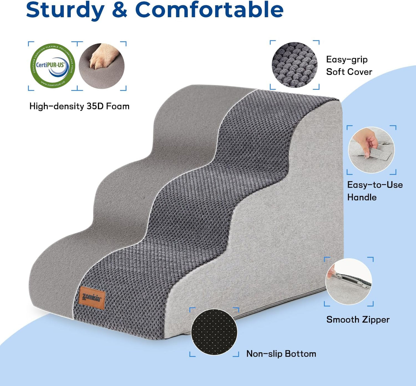 Dog Stairs for Small Dogs - Pet Stairs for Couch and Bed, 35D Foam Dog Steps Ramp with Non-Slip Bottom Brown, 3 Steps