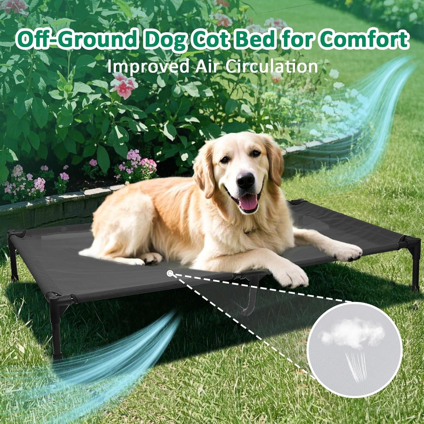 XL Elevated Dog Bed Outdoor, Cooling Raised Dogs Cot with Breathable Mesh & Anti-Slip Feet, Lifted Dog Beds with Frame, High Pet Hammock (XL, Black)