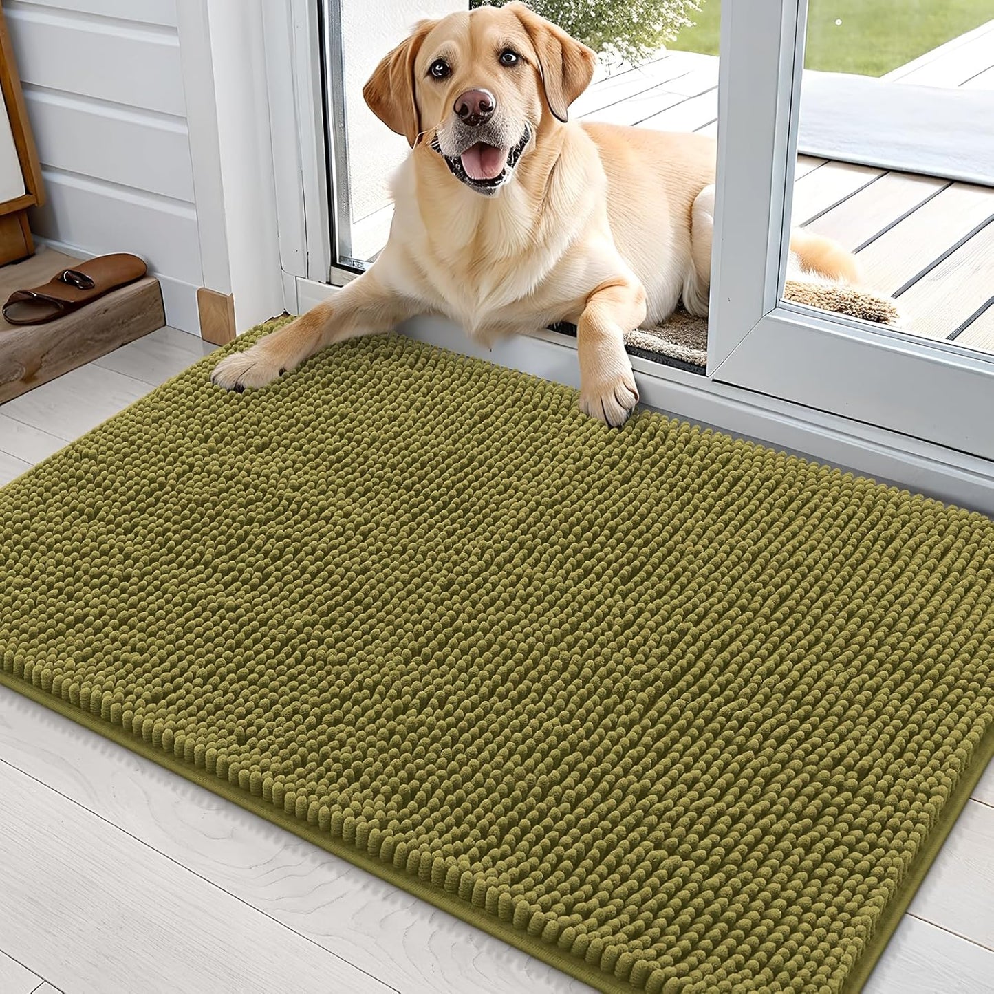 OLANLY Dog Door Mat for Muddy Paws 36x24, Absorbs Moisture and Dirt, Absorbent Non-Slip Washable Doormat, Quick Dry Chenille Mud Mat, Entry Indoor Entryway Carpet for Inside Floor, Willow Green